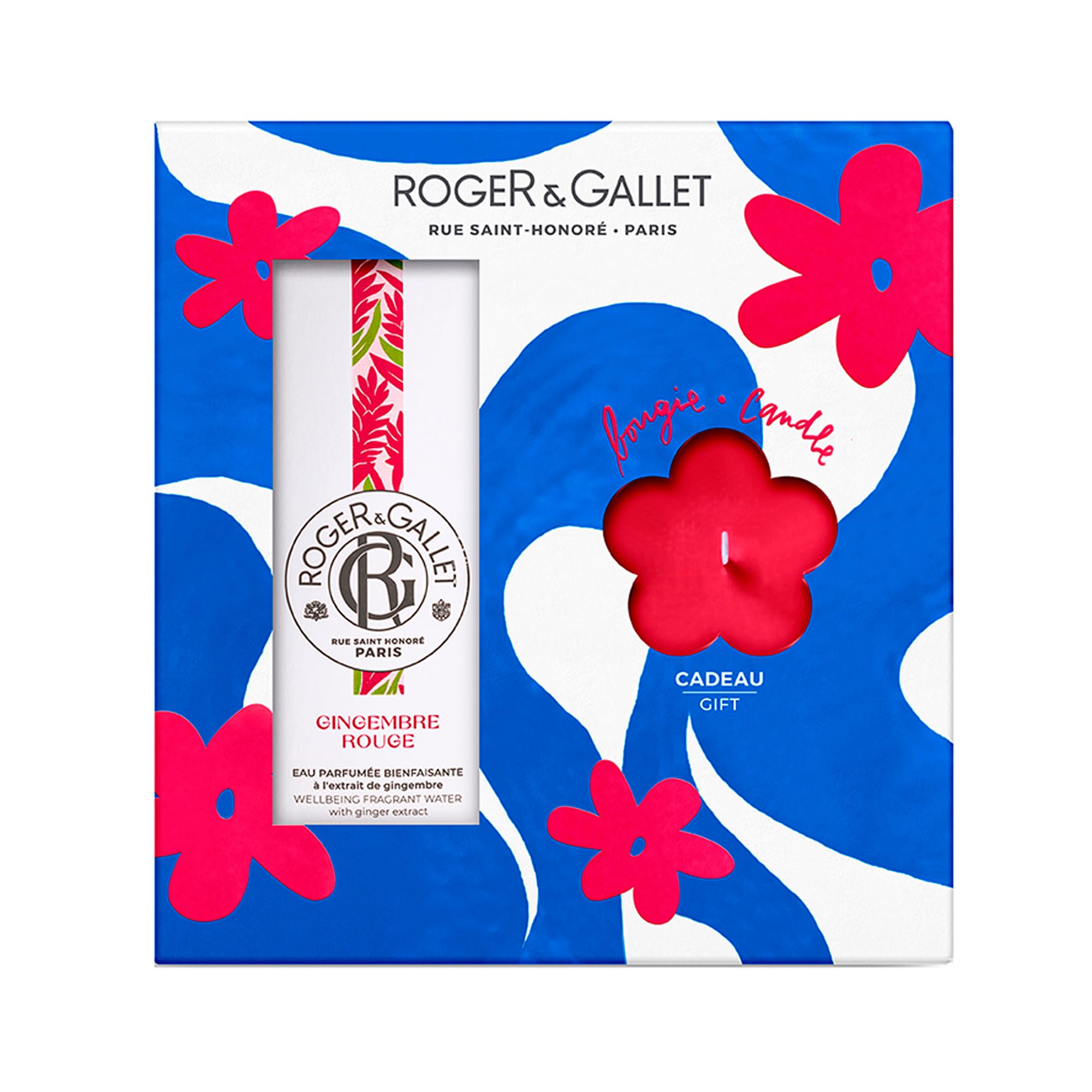 Roger & Gallet – Coffret Cadeau Eau Parfumée Bienfaisante Gingembre Rouge 100 ml + Bougie parfumée offerte – Cadeau femme – Énergie vivifiante et notes fruitées