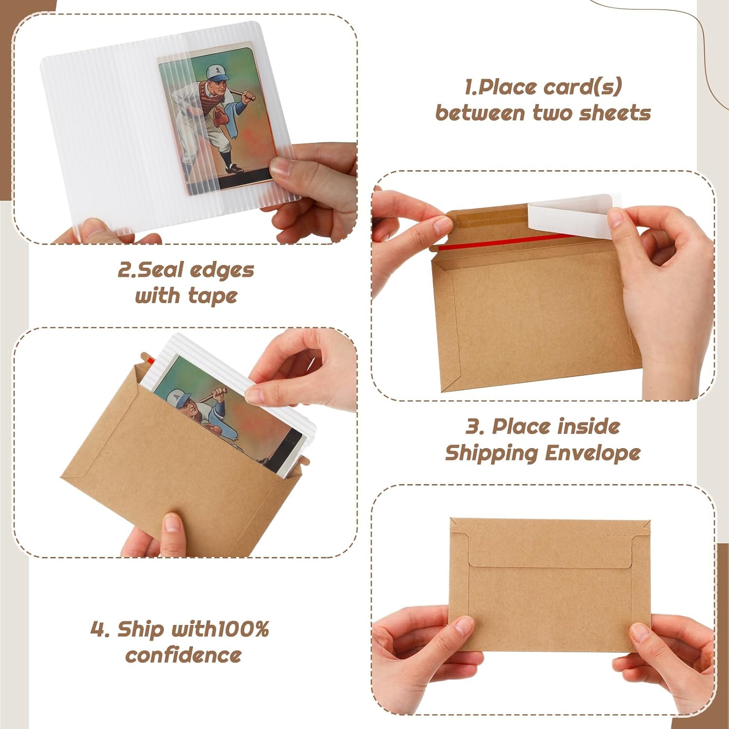 Faccito 200 Pcs Trading Card Shipping Set 4 x 6'' Trading Card Protector and Envelopes Bulk for Mailing, Additional Defend Supplies (Vintage)