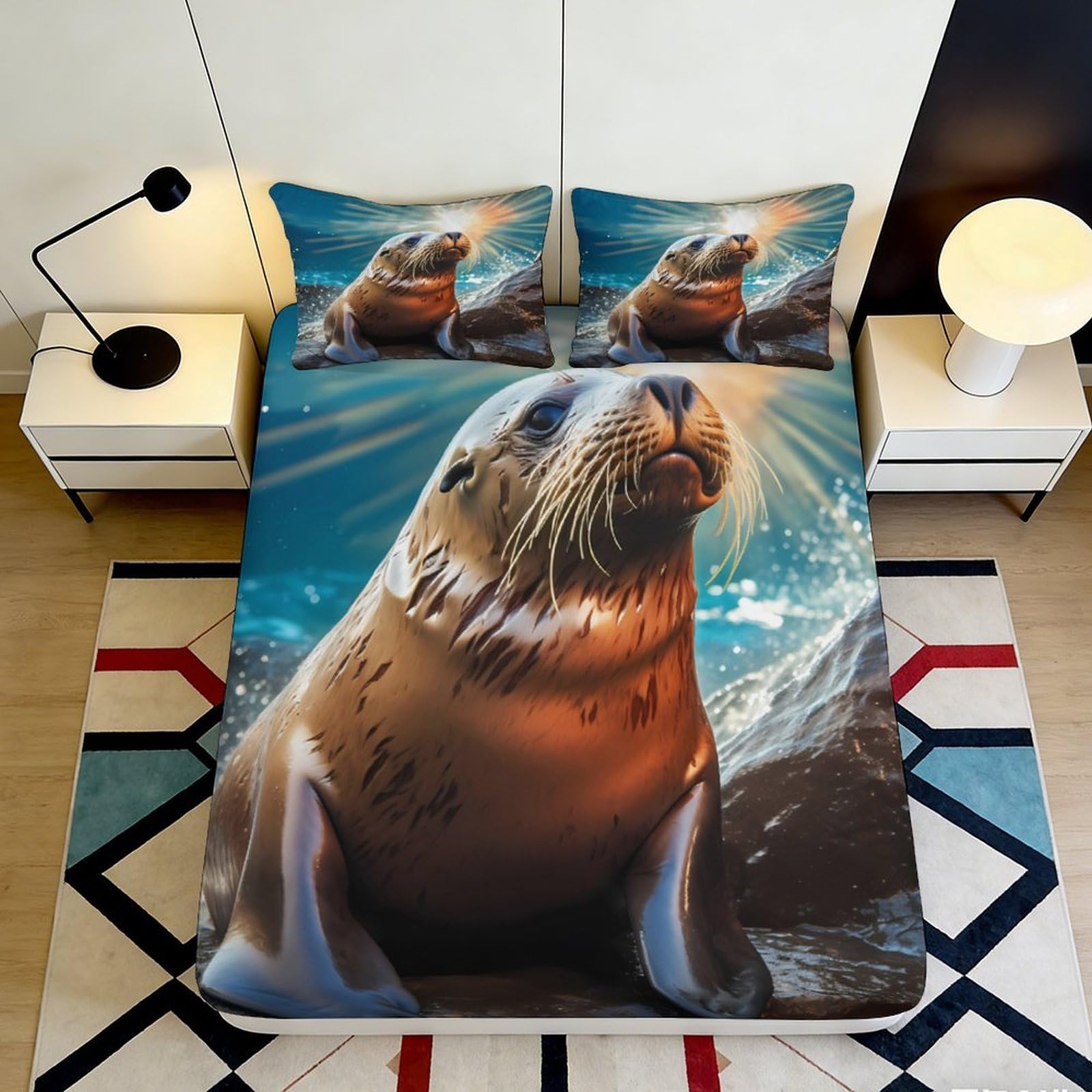 3D Printed Sea Lion Fitted Sheet Microfiber Deep Pocket Non-Slip Bedroom Mattress Fitted Cover Washable for Adults Teens 140x200x25cm