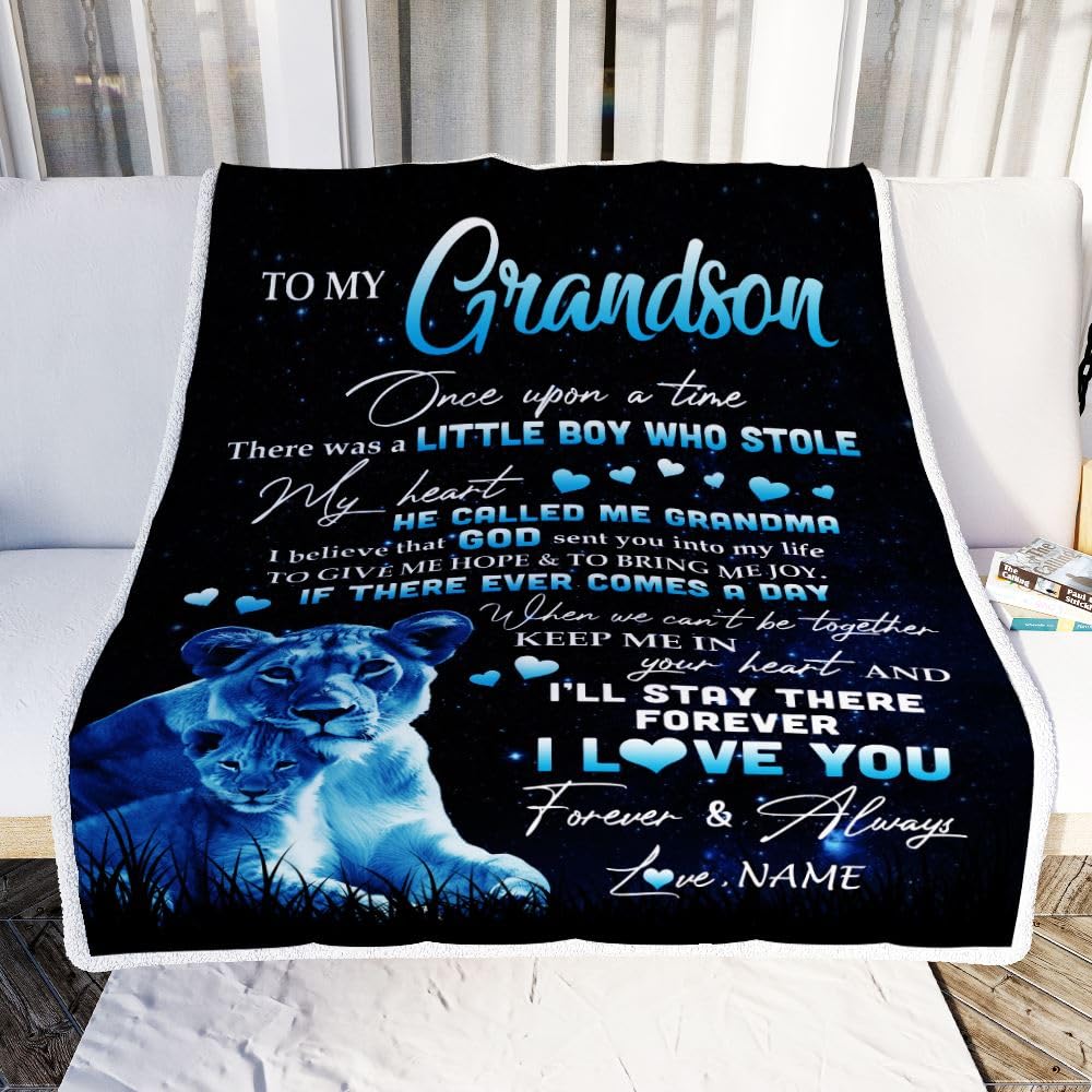 TeesNow Personalized to My Grandson Lion Blanket from Grandma I'll Stay There Forever Grandson Birthday Graduation Christmas Customized Bed Quilt Fleece Blanket (50 x 60 in Youth Size)