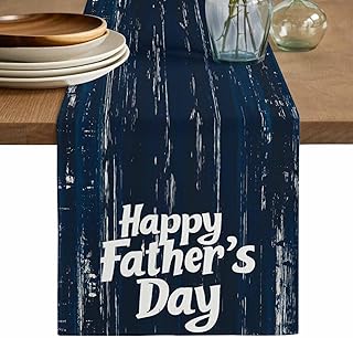 Happy Father's Day Cotton Linen Table Runner for Dining Kitchen, Navy Blue Shabby Wooden Grain Wedding Outdoor Party Tablerunners Decoration, Dresser Scarf Coffee Tablecloth Runners 13x60 Inches