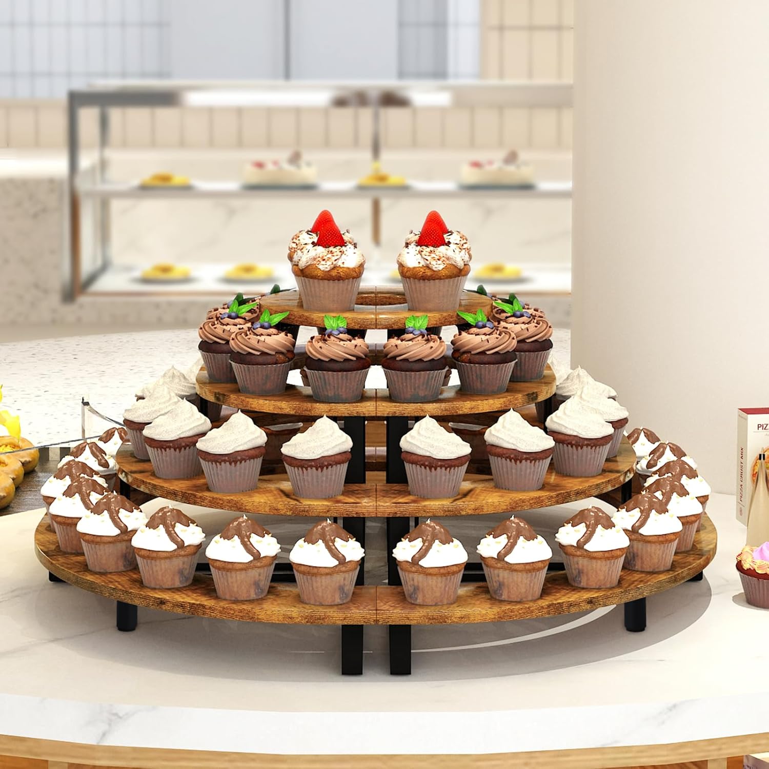 ELITEROO Tiered Display Stand, Wooden Display Risers, 4 Tier Display Shelf for Vendors Retail Craft Show Market, Table Top Display Rack for Cupcakes Perfume Figures Candles Makeup, Curved Corner