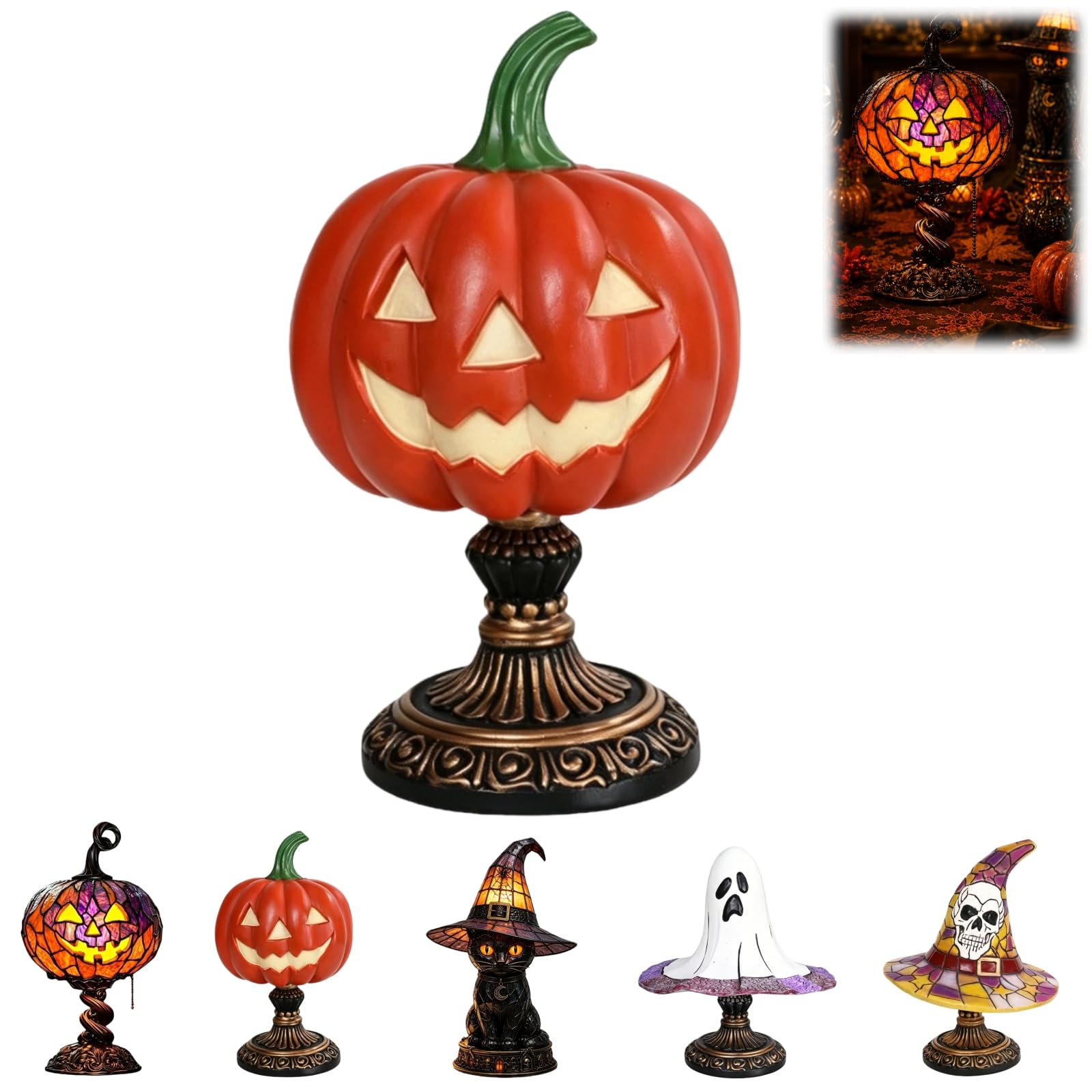 ENCOMAG Stained Glass Halloween Pumpkin Table Lamp, Jack-O-Lantern Tiffany Lamp, Vintage Resin Witch Hat Lamp Gothic Decor USB Powered Decorative Table Lamps for Halloween Home Party (Pumpkin-A)