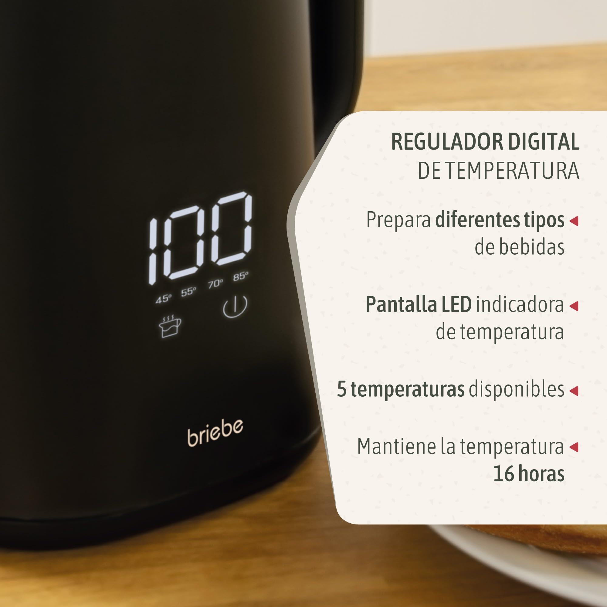 briebe eBoil Hervidor Agua Eléctrico 1,7L Regulador de Temperatura Digital 45°C a 100°C Función Keep Warm, 1500W, Interior Acero Inox, Libre de BPA, Base de 360°, Controlador Strix, Negro