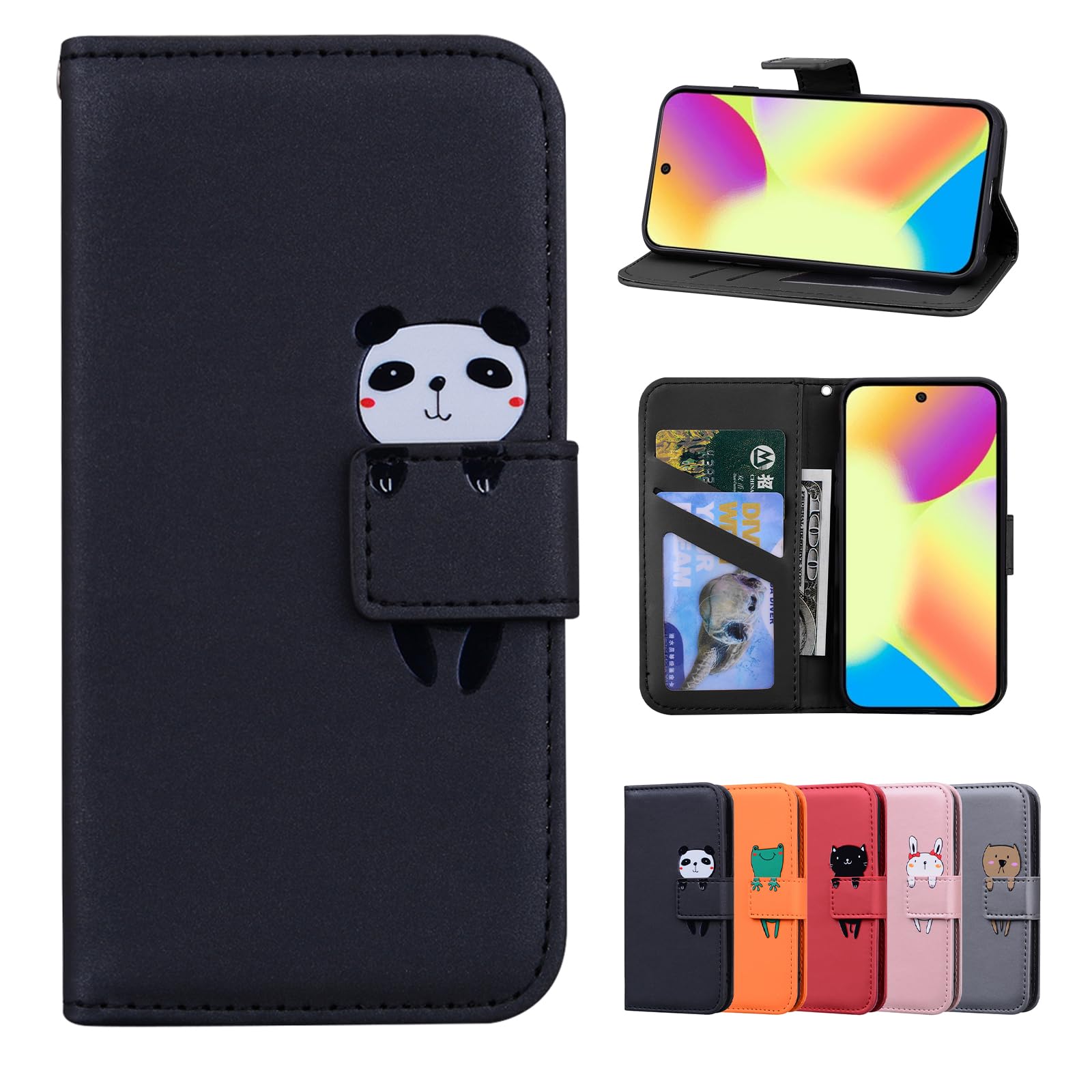 Custodia A Portafoglio Con Motivo Animalier Per Google Pixel 6a – Pelle Sintetica, Chiusura Magnetica, 3 Slot, Supporto, Nero E Panda - 3