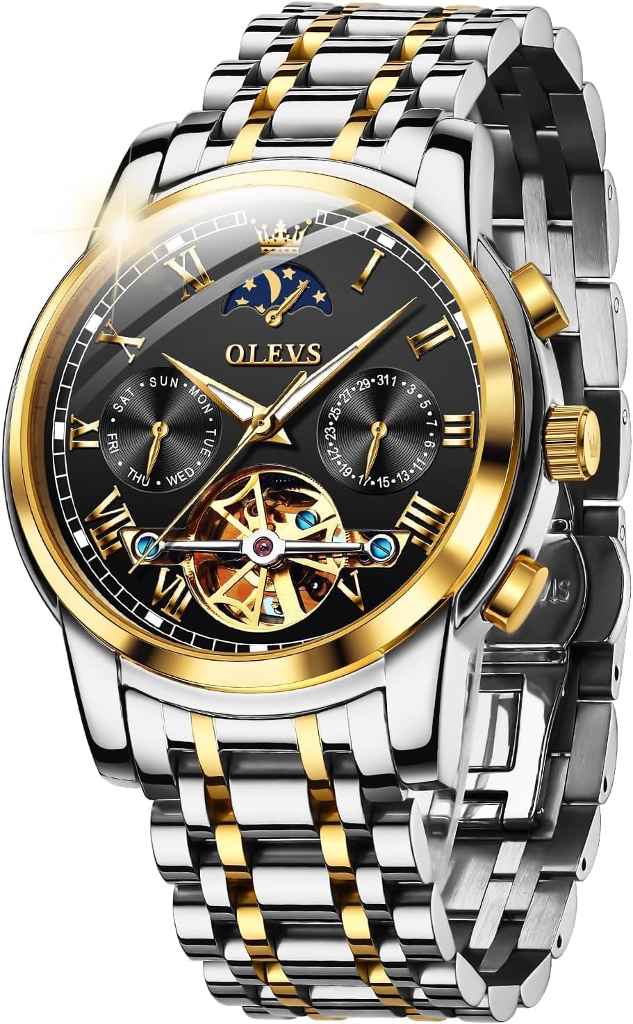 OUPINKE Herrenuhr Automatik Luxus Skelett Mechanik mit Mondphase Tourbillon Tag Datum Wasserdicht Luminous Edelstahlarmband