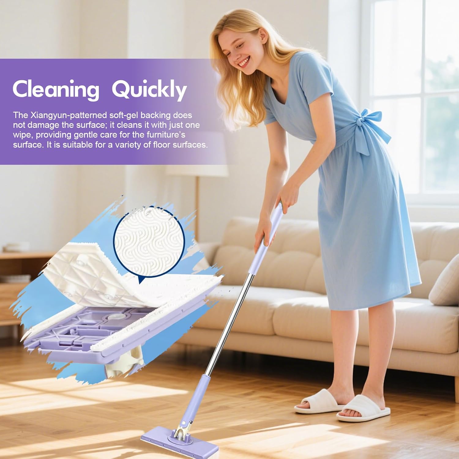 Snap Grip Mini Mop, Zero Touch Mini Mops, No Wash Lazy Mop Automatic Gripping, 360 Rotating Head, Stability Durability (36in+Cloth*6)