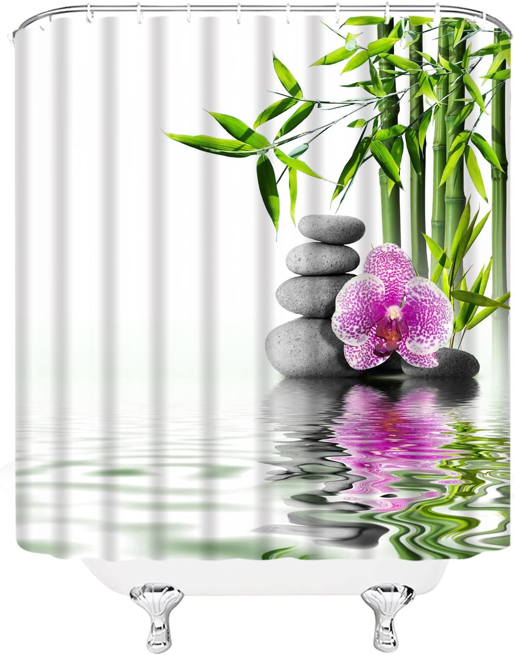 Zen Garden Shower Curtains Green Bamboo Purple Phalaenopsis Flower Stone Reflection Water Landscape Spa Themed Pattern Print Bathroom Decor Cloth Curtain Set with Hooks 70x80 Inch