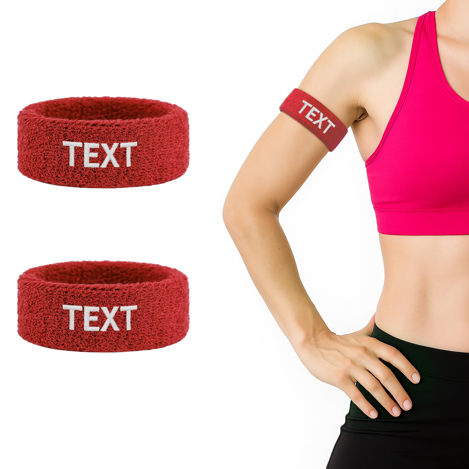 TOPTIE 2 PCS Custom Bicep Bands Armband for Football, Terry Cloth Sweat Wristbands Leg Bands Embroidered with Logo (Red) — image 1