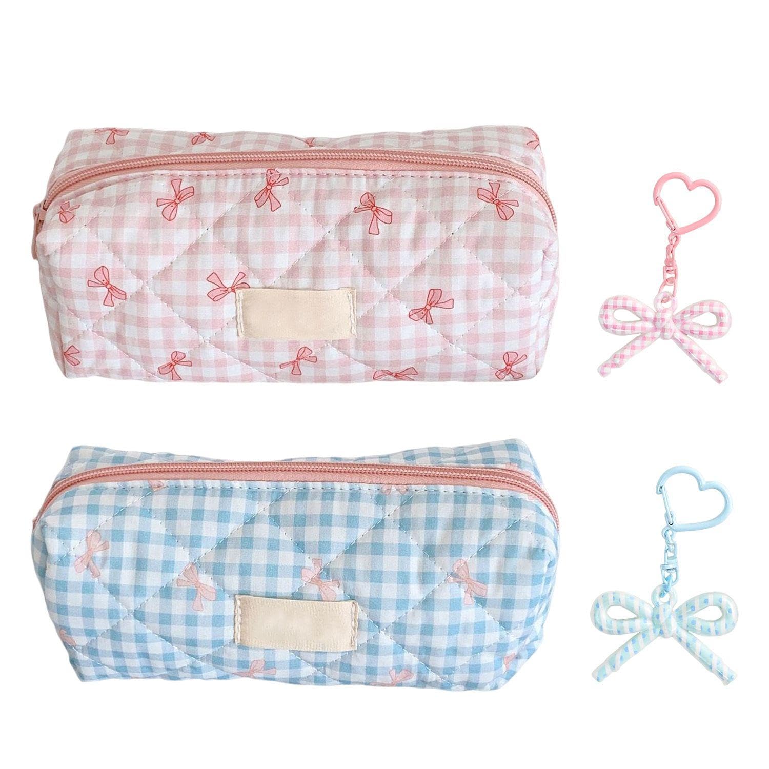 UBSIUH 2 Bow Pencil Cases And 2 Keychains, Stationery Storage Bags, Study Office Tools, Campus School Supplies, Cute Pencil Case.