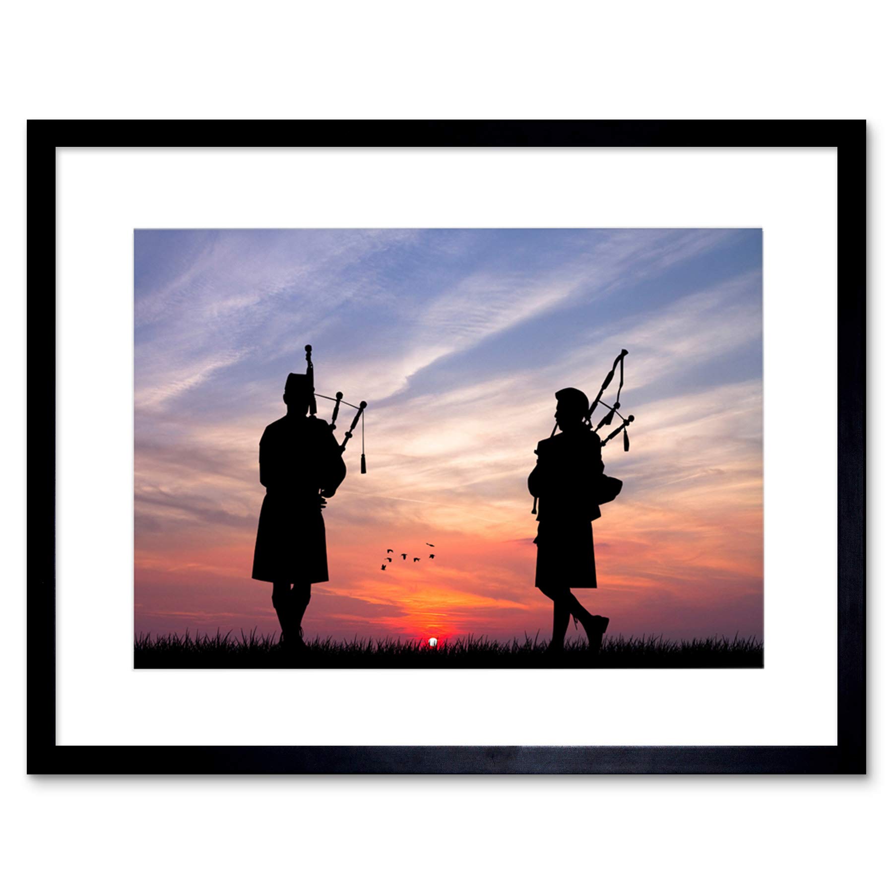 Wee Blue Coo Photo Mock Up Silhouette Sunset Scottish Pipers Framed Wall Art Print
