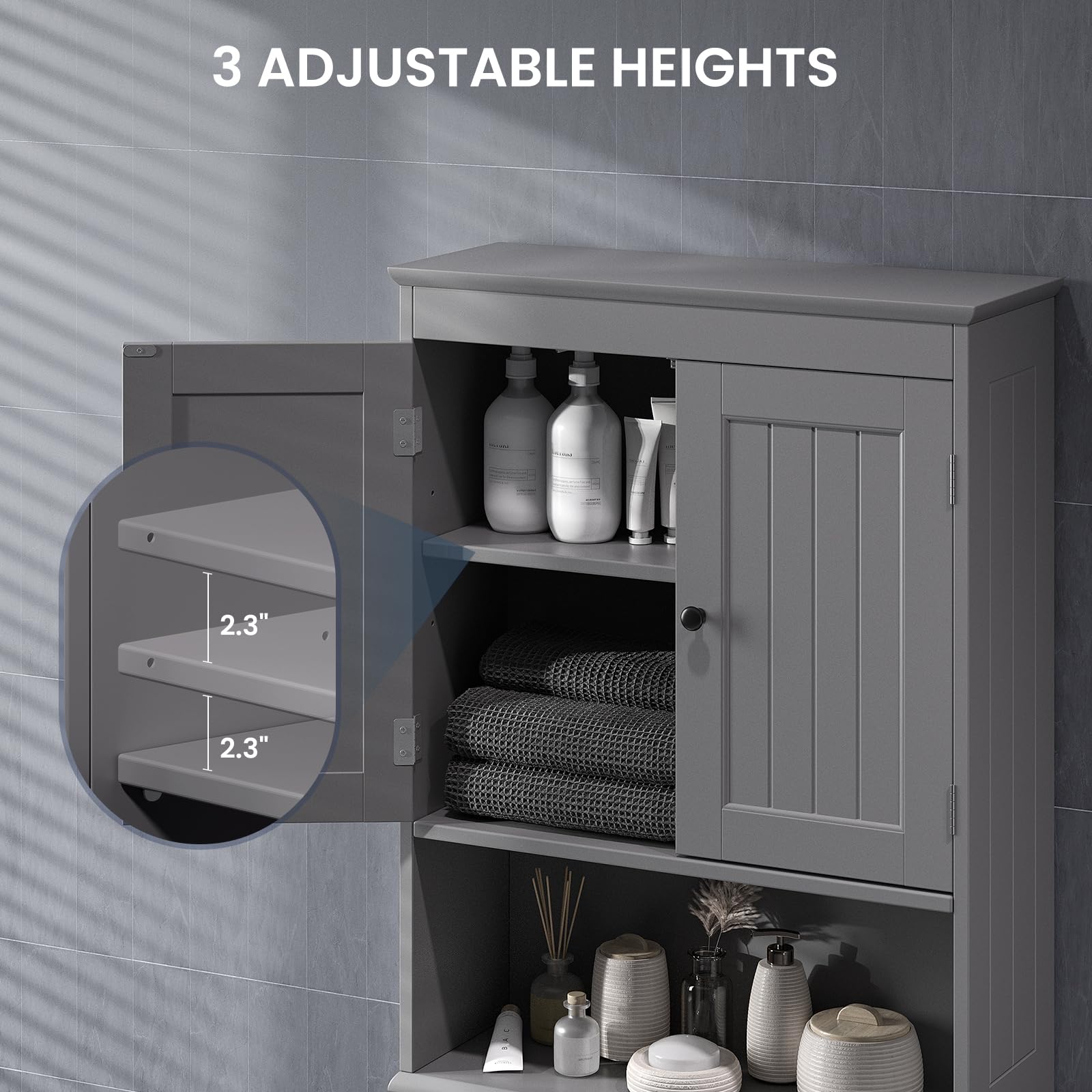 Bealife Toilettenregal, Regal über Toilette mit 3-stufigen verstellbaren Regalen, WC Überbauschrank Freistehend, Überbau Toilettenschrank mit Doppeltüren für Badezimmer (Grau)
