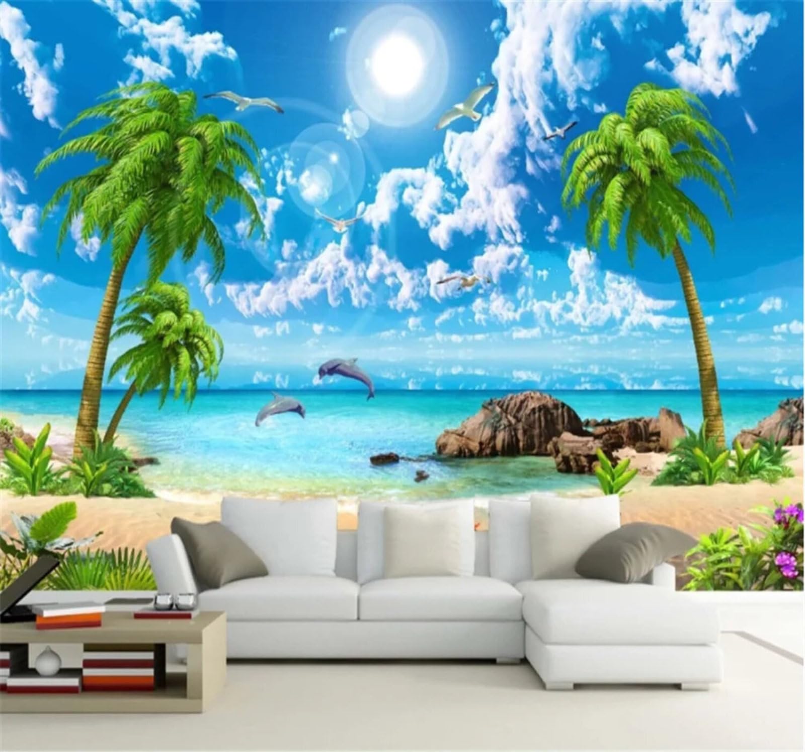 Xlming 400Cm×280Cm(B×H) Beautiful Fresh Seascape Coconut Trees Beach 3D Wallpaper Silky Texture Home Study Office Grey Dining Room Sofa Bedroom Living Room Tv Backdrop-400Cm×280Cm