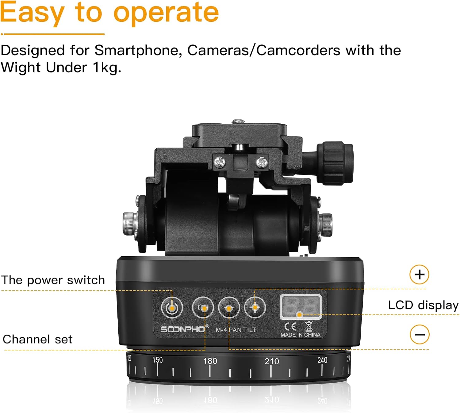 Soonpho M4 Motorized Rotating Panoramic Tripod Head, Remote Control Pan Tilt Head with Remote Control and Mobile Phone Clip for DSLR Cameras, Camcorders, Smartphones, Tripod - Image 4