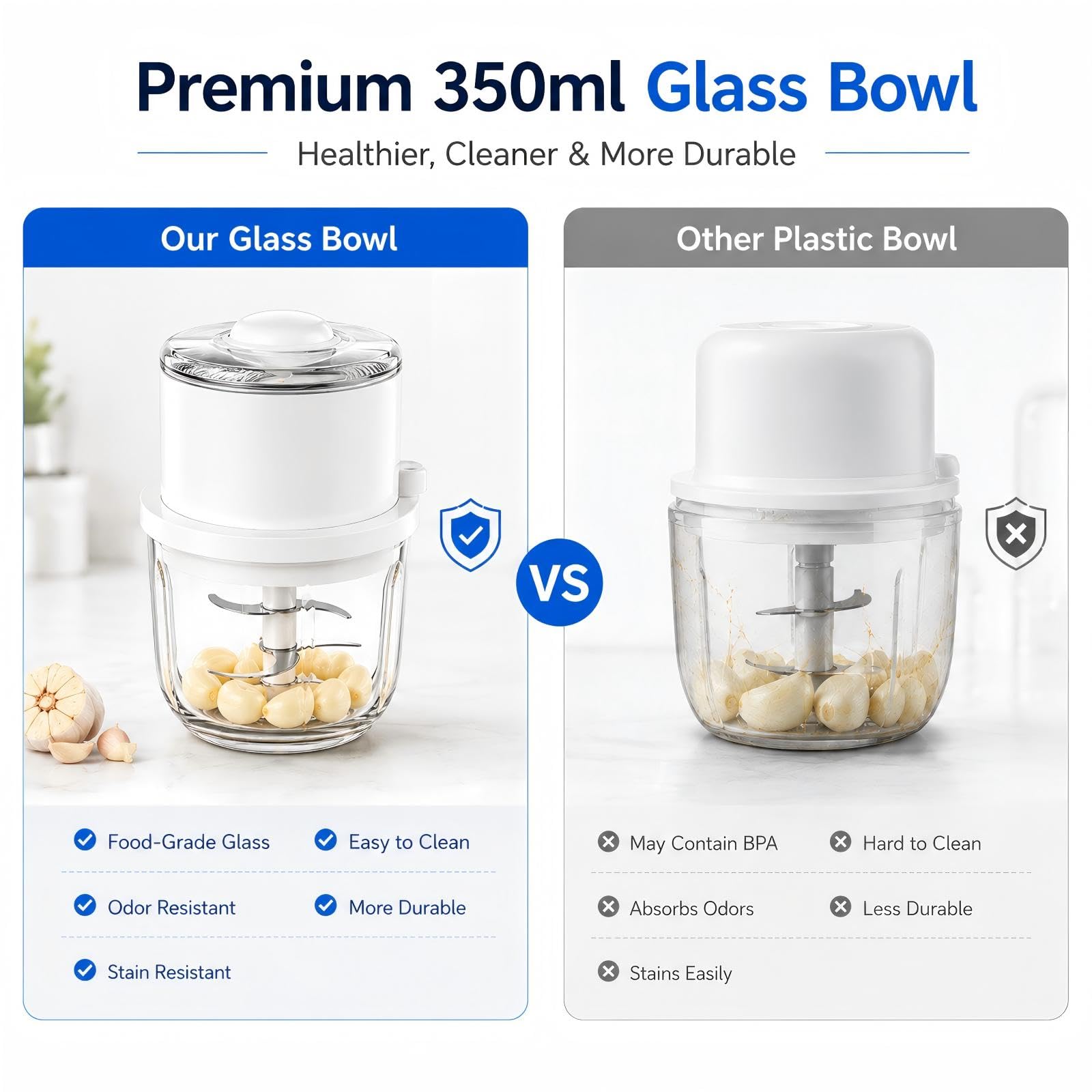 Tritatutto elettrico, mini robot da cucina da 350 ml, ciotola in vetro spesso, tritatutto portatile con 6 lame in acciaio inox, tritacarne cipolle per aglio, peperoncino, zenzero, noci