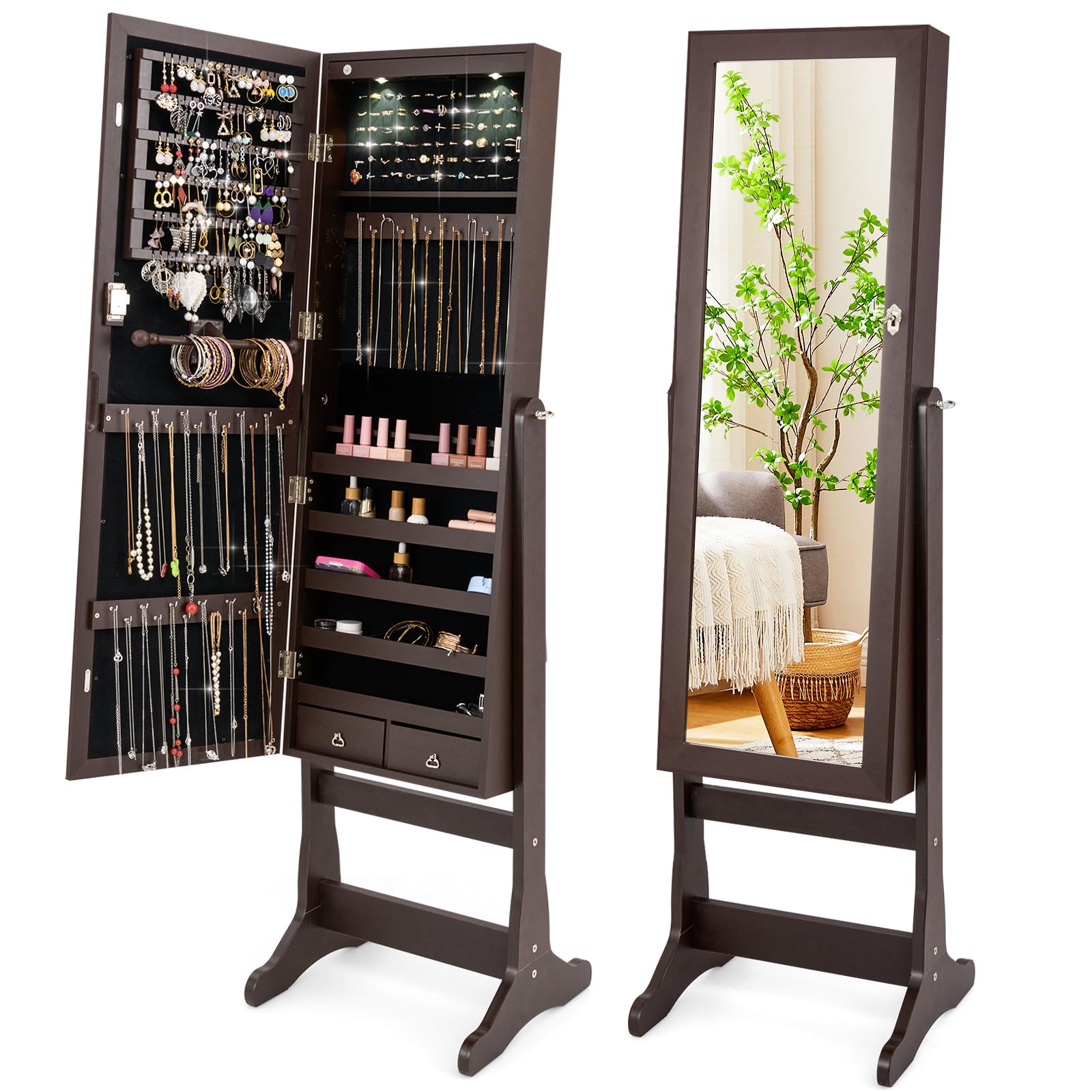 COSTWAY Freestanding Jewellery Cabinet, 4-Angle Adjustable Lockable Jewelry Armoire with Full-Length Mirror, Inner LED Lights and Large Storage, Bedroom Makeup Cosmetics Jewellery Organiser (Brown)