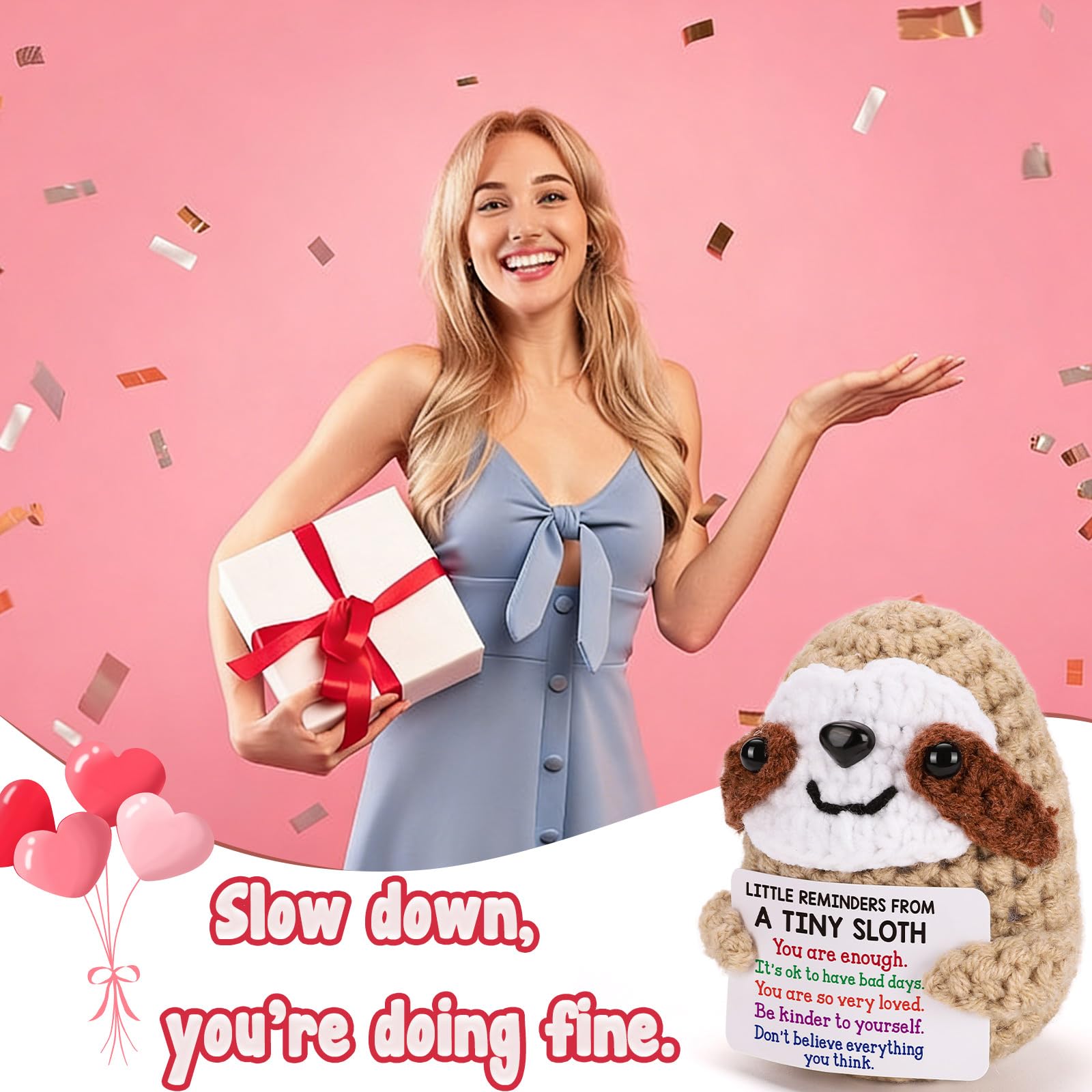 MBL Valentines Inspirational Gifts for Kids - Funny Valentine's Day Galentines Birthday Emotional Positive Support Cheer Up Crochet Sloth Gifts for Women Men College Students Coworker Her Him Friend