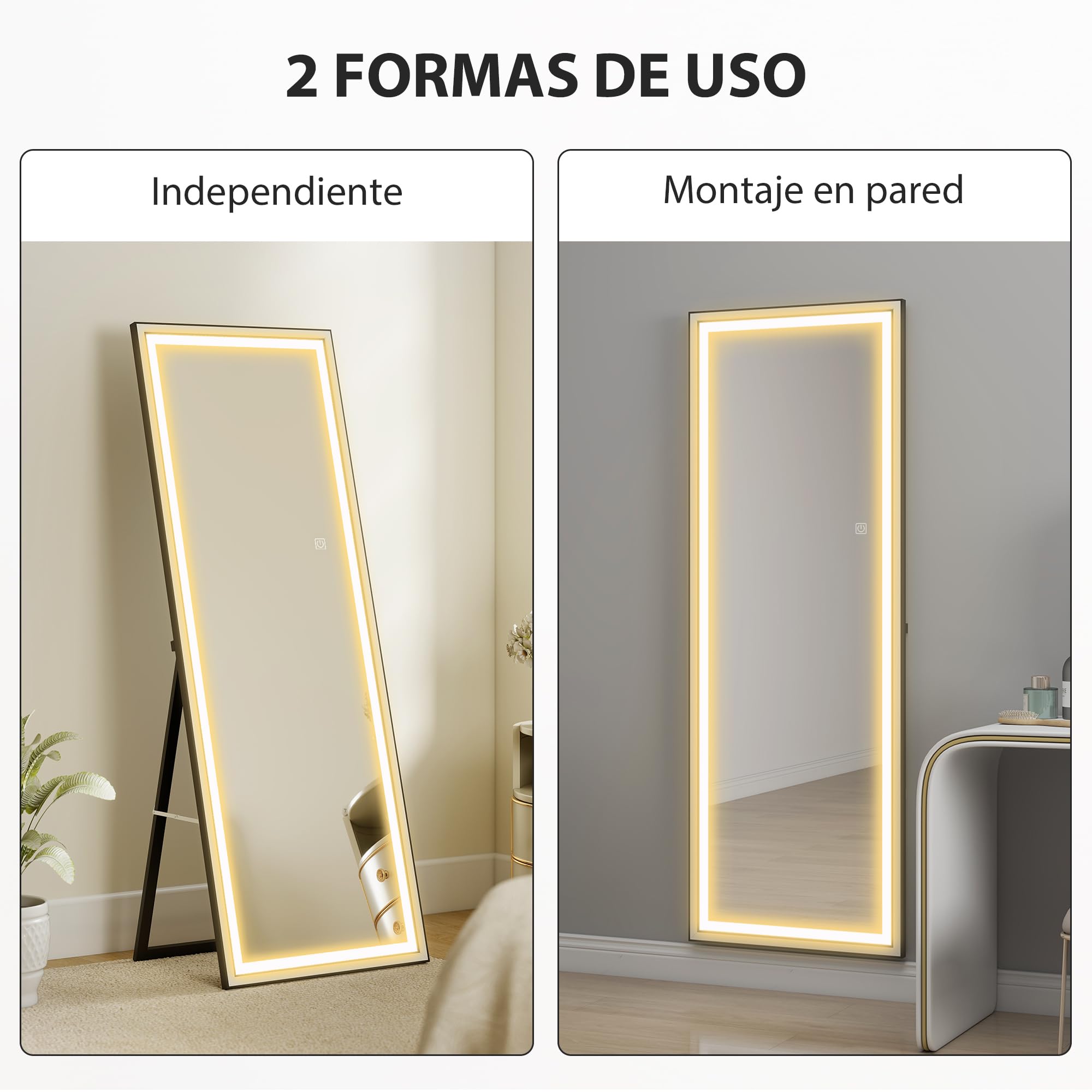 HOMCOM Espejo de Pie Cuerpo Entero con Luces, 165x60 cm, Espejo de Cuerpo Entero, 3 Temperaturas de Color, Brillo Ajustable, Independiente, Apoyado y de Pared, para Dormitorio, Salón, Blanco y Negro