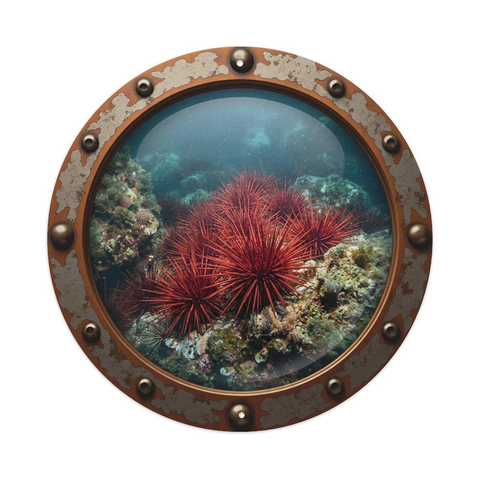 Gead 8X8inch Style Vintage Porthole Red Sea Urchin Nautical Window View Metal Tin Sign