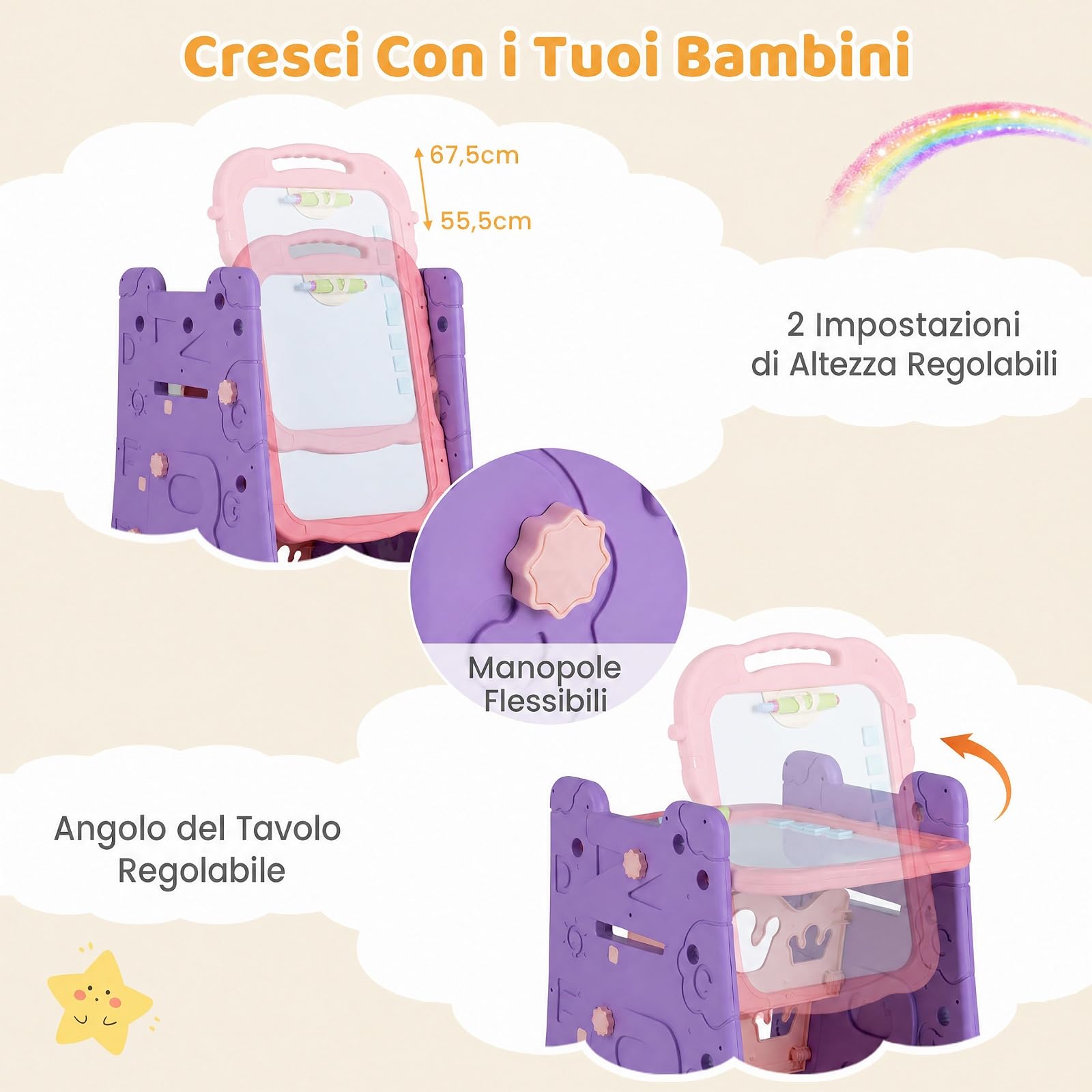 COSTWAY 3 in 1 Cavalletto per Bambini con Lavagna Bifacciale (Viola)