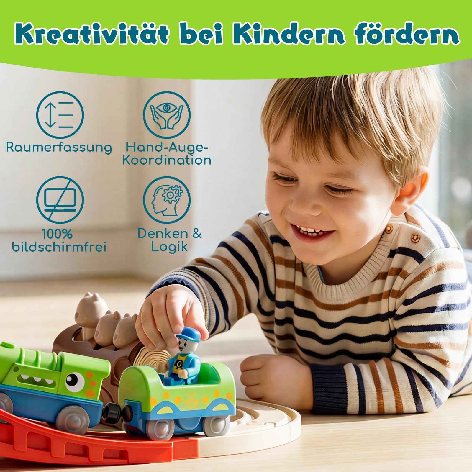 Lehoo Castle Holzeisenbahn mit Elektrischer Lok Dinosaurier, Freizeitpark Holz Eisenbahn Kinder, Holzeisenbahn Zubehör, Holz Spielzeug Geschenk für Kinder ab 3+ Jahre