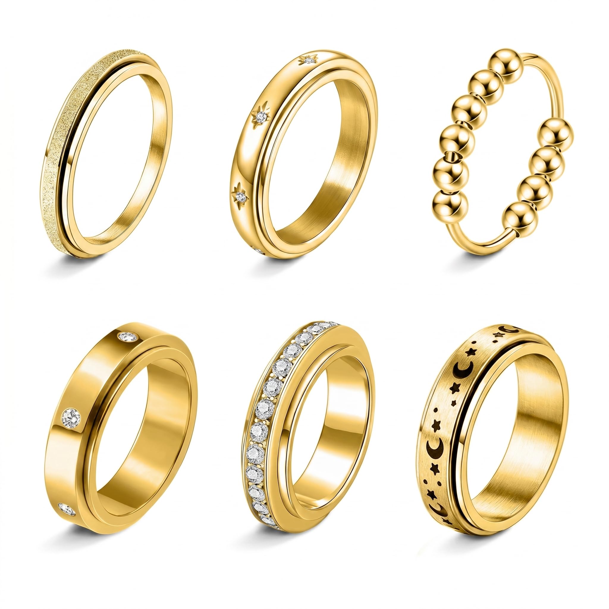 CavspkArt 6Pcs Stainless Steel Fidget Rings Set, Spinner Band Rings with Moon & Star Design, Smooth Rolling Anxiety Rings for Women & Men, Unisex Accessories