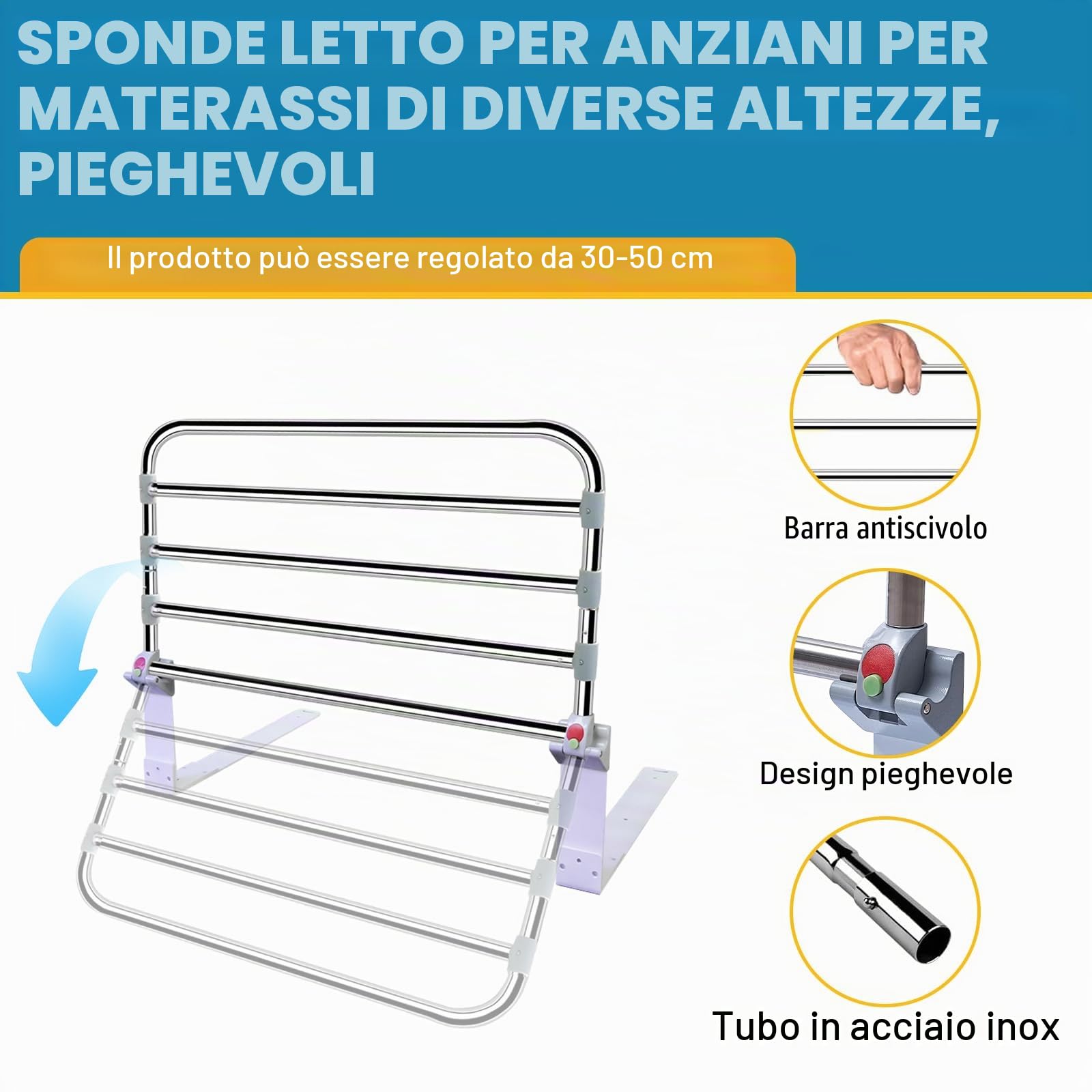 Sponde per letto per anziani e adulti, pieghevole, 90 x 50 cm, guide di sicurezza laterali per letto, per anziani, adulti, disabili, per letto king size, queen size, full e twin