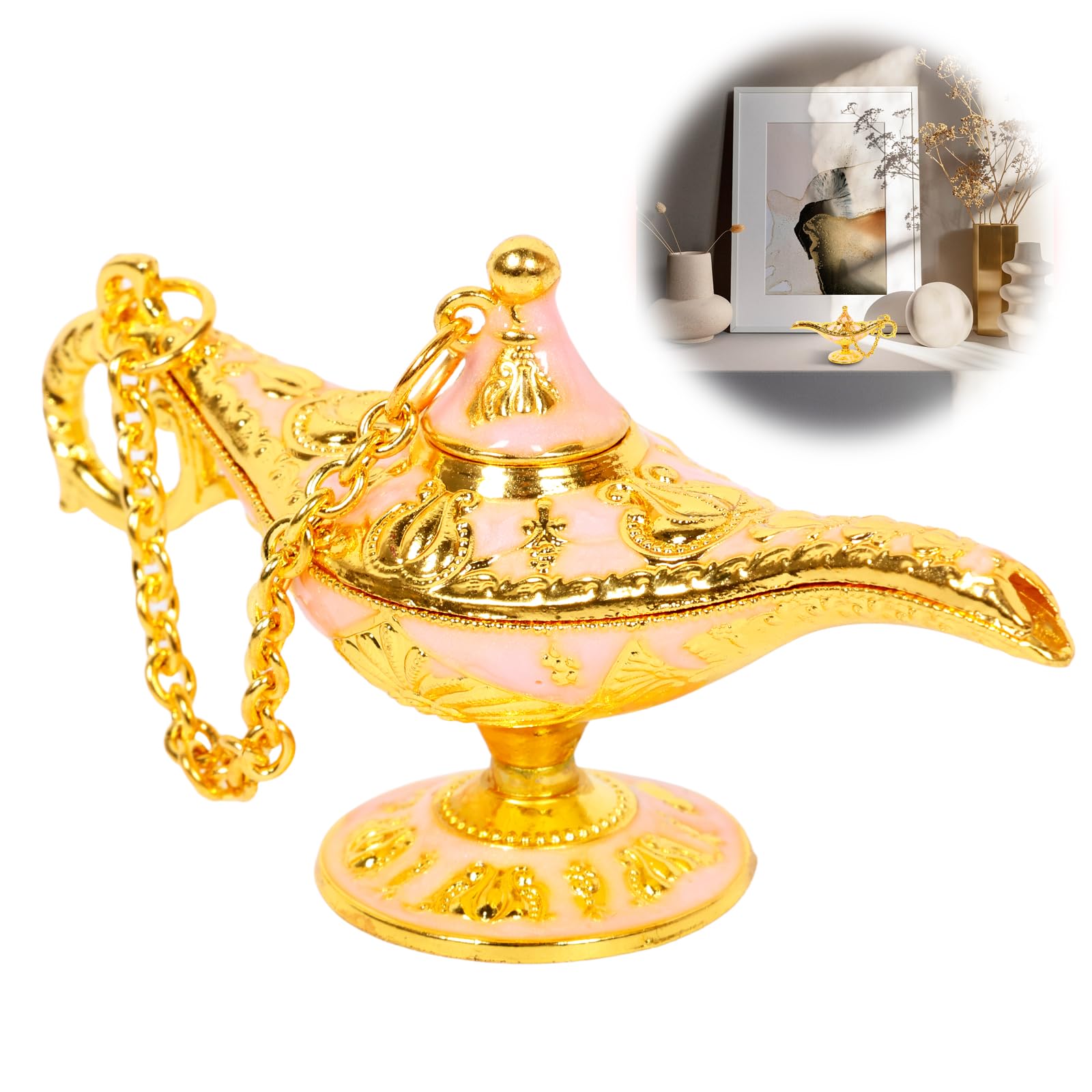 WAMEITF Vintage Aladdin Magic Lamp, Aladdin Genie Lamp Decor, Classic Wishing Light, Legend Magic Genie Light for Home Tabletop Decoration Party Birthday Halloween(Pink)