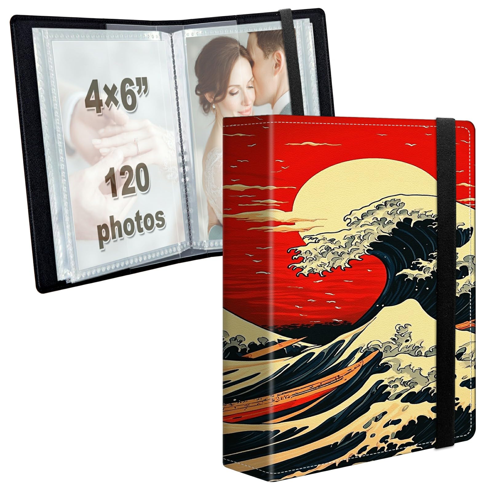 Photo Album 4x6 120 Photos with Strong Elastic Band, Red Sun Ocean Wave