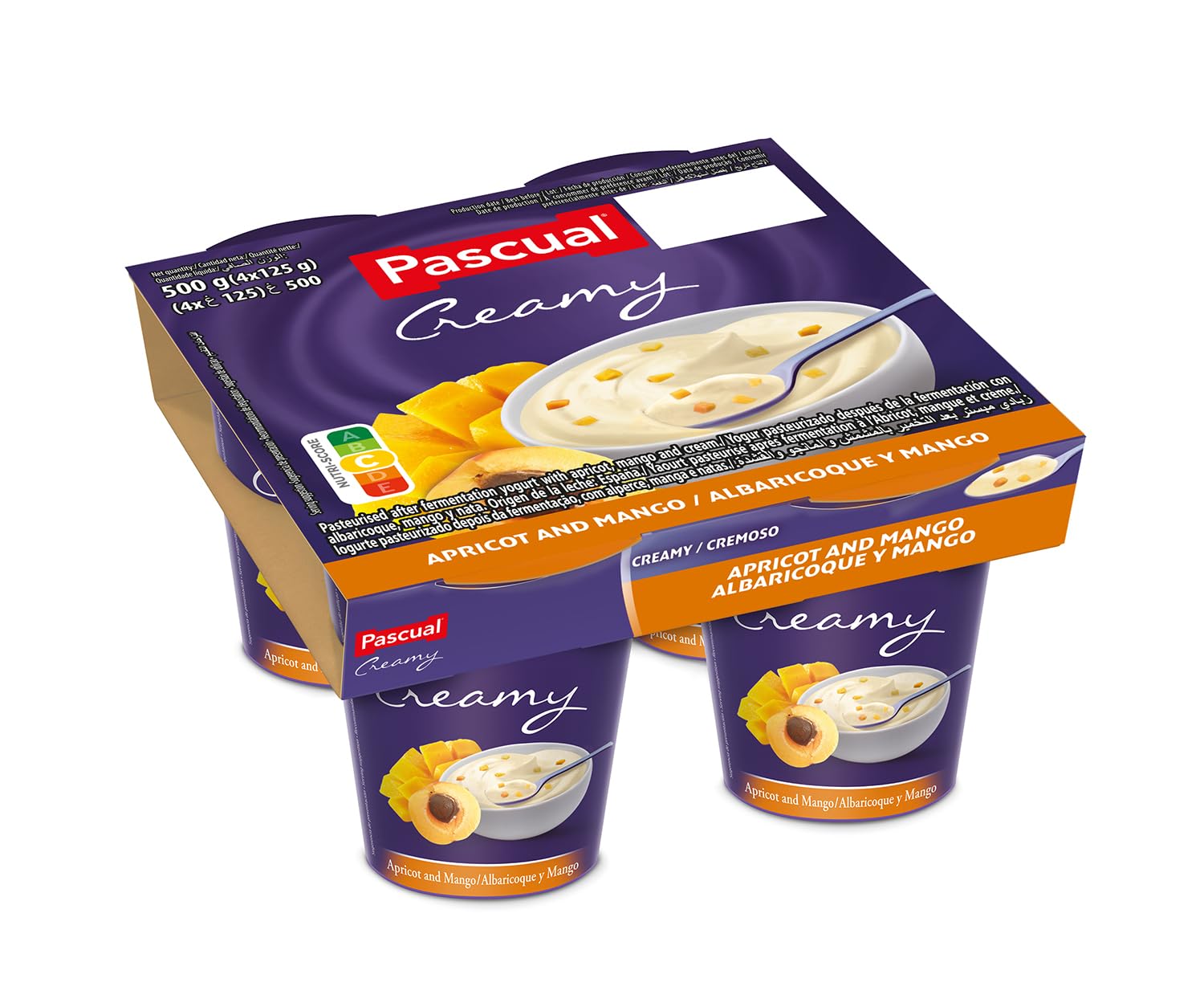 Pascual Yogur Cremoso Sabor Albaricoque y Mango - 6 Paquetes de 4 x 125 gr - Total: 3 kg