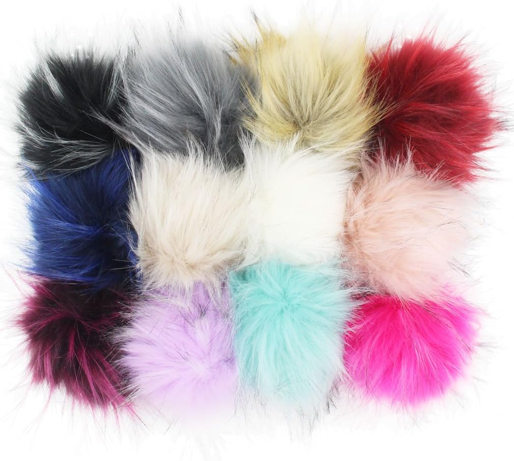 DIY 12pcs Faux Raccoon Fur Pom Poms Ball Fluffy Pompom for Knitting Hat DIY Accessories 4.3in (Mix Colors)