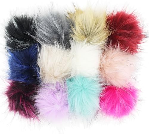 12 pompones de piel de mapache sintético para hacer tú mismo, pompón esponjoso para tejer sombrero, accesorios de bricolaje de 4.3 pulgadas (mezcla