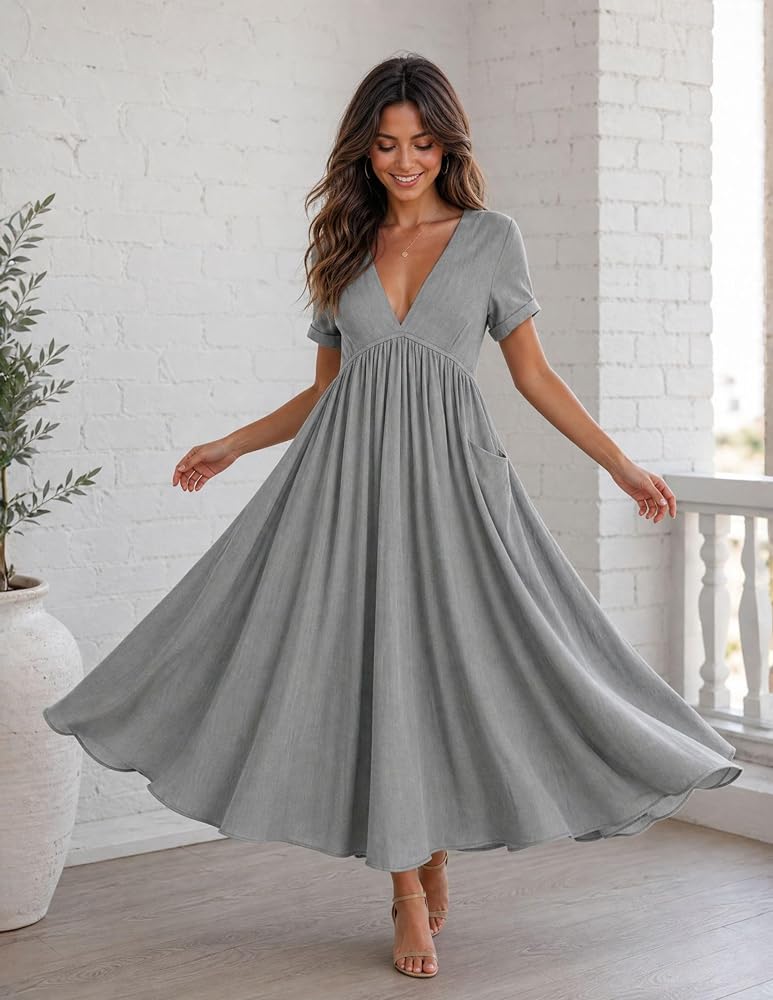 LIZALIG Summer Women's Cotton Linen Dress V-Neck Solid Color Design with Side Pockets Leisure Resort Style Beach Dresses at Amazon Women's Clothing store