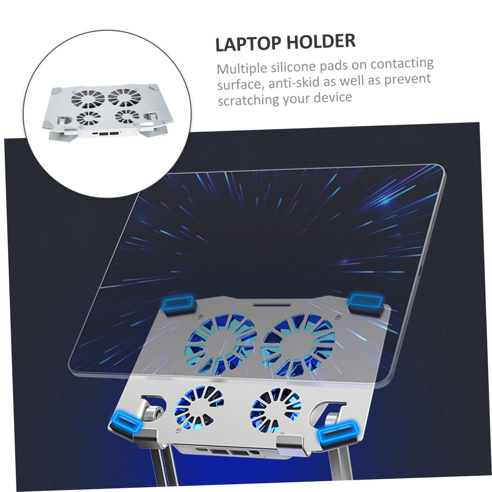 Happyyami Supporto per PC Portatile Regolabile 4 Ventole Silenziose, Base Antiscivolo in Silicone, Doppia Porta USB e Usb-c, Raffreddamento Rapido per Ufficio e Smart Working