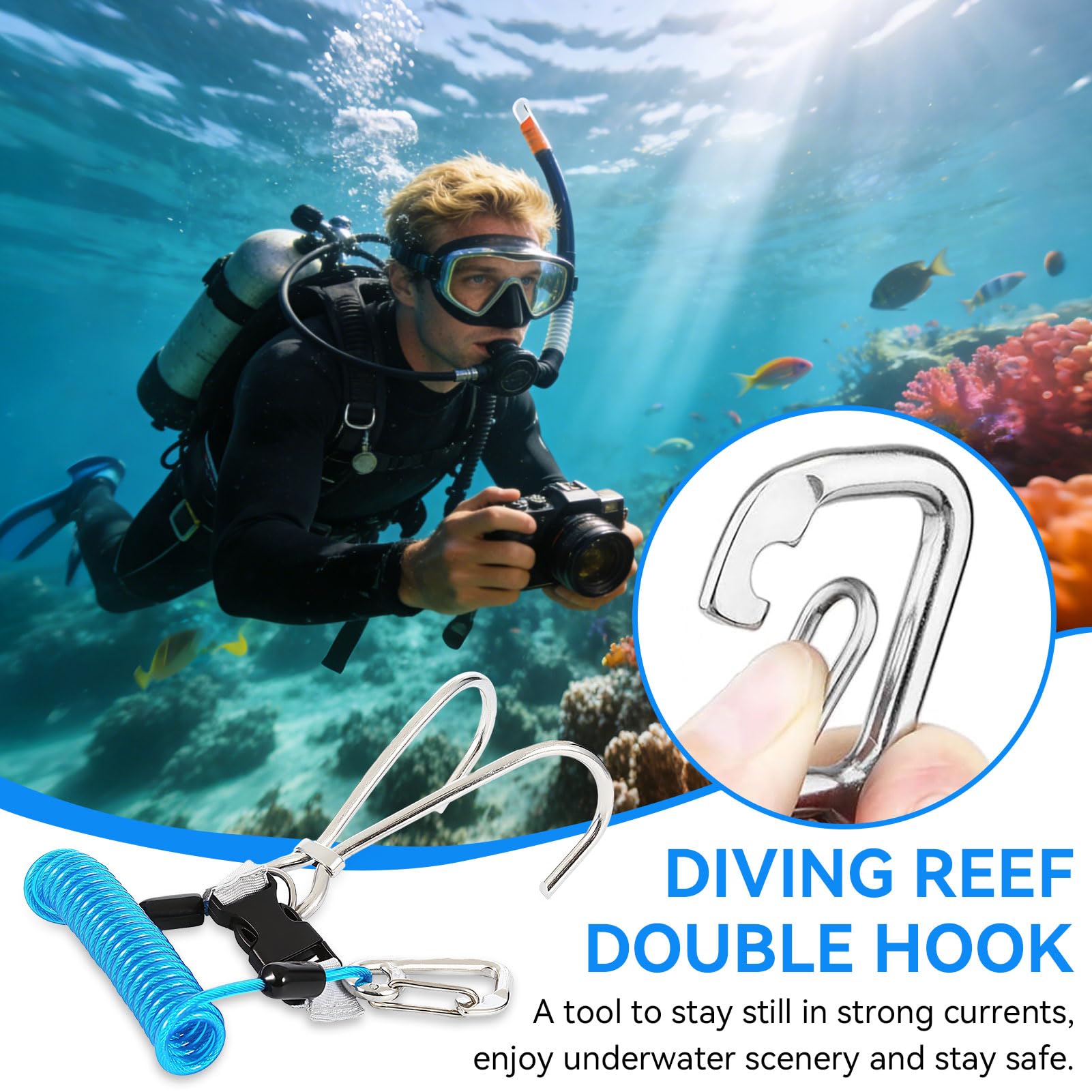 Agatige Crochet Récif Plongée, Crochet Récif Plongée en Acier Inoxydable Coral Rock Drift Reef Hook Plongée sous-Marine Sécurité Accessoires Plongée Longe en Spirale avec Boucle à Dégagement Ra