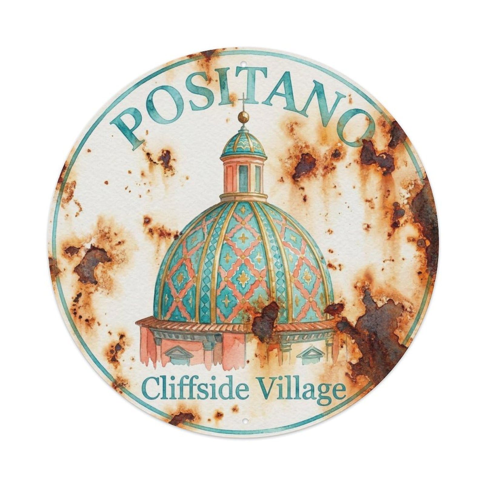 Italy Travel Positano Classic Seaside Panorama Coastal Metal Tin Sign Plaque Wall Decor for Cafe, Man Cave, Club Bar, Office, Home Garden Round Metal Poster 8x8Inch