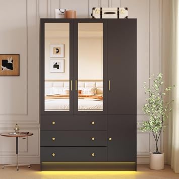 3 Doors LED Armoire Wardrobe Closet with Mirror, 75" Tall Modern Wooden Wardrobe Closet with 3 Drawers, Freestanding Clothing Storage Cabinet with Hanging Rod, Adjustable Shelves, Black