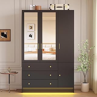 75" Tall 3 Doors Armoire Wardrobe Closet with 3 Drawers, Wooden Wardrobe Cabinet with LED Lights & Mirror, Freestanding Clothing Storage Cabinet with Hanging Rod, Adjustable Shelves (Black, 3 Doors)