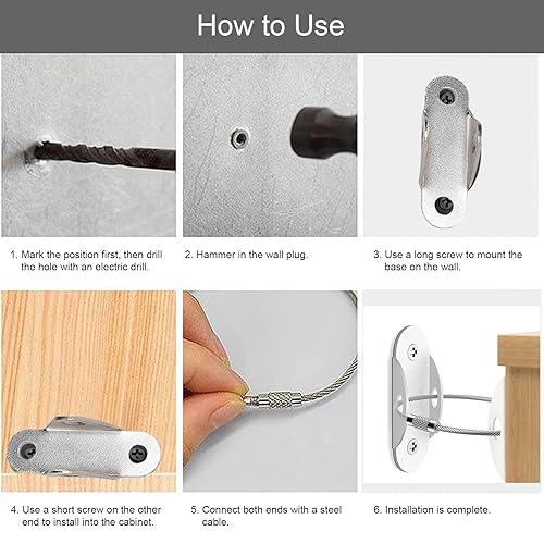 Miniatura 6 de Pssopp Kit de anclajes para muebles, juego de 5 correas de seguridad anti punta con cierres de pared para bebé, armario de aparador, terremoto