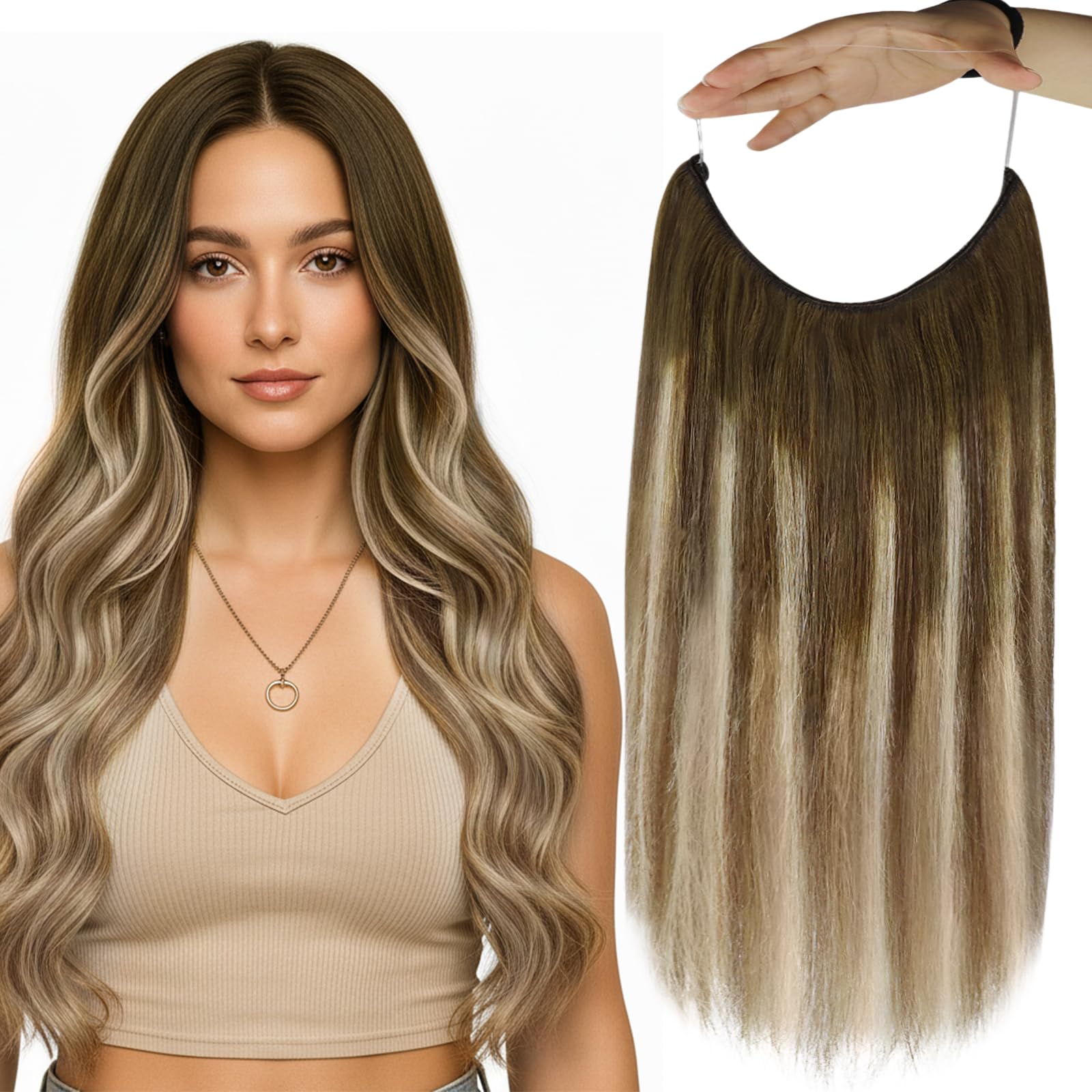 Fshine Invisible Wire Hair Extensions 18 Inch Medium Brown Ombre Ash Brown Mixed Blonde Secret Fish Line Hair Extensions One Piece Human Hair Clip in