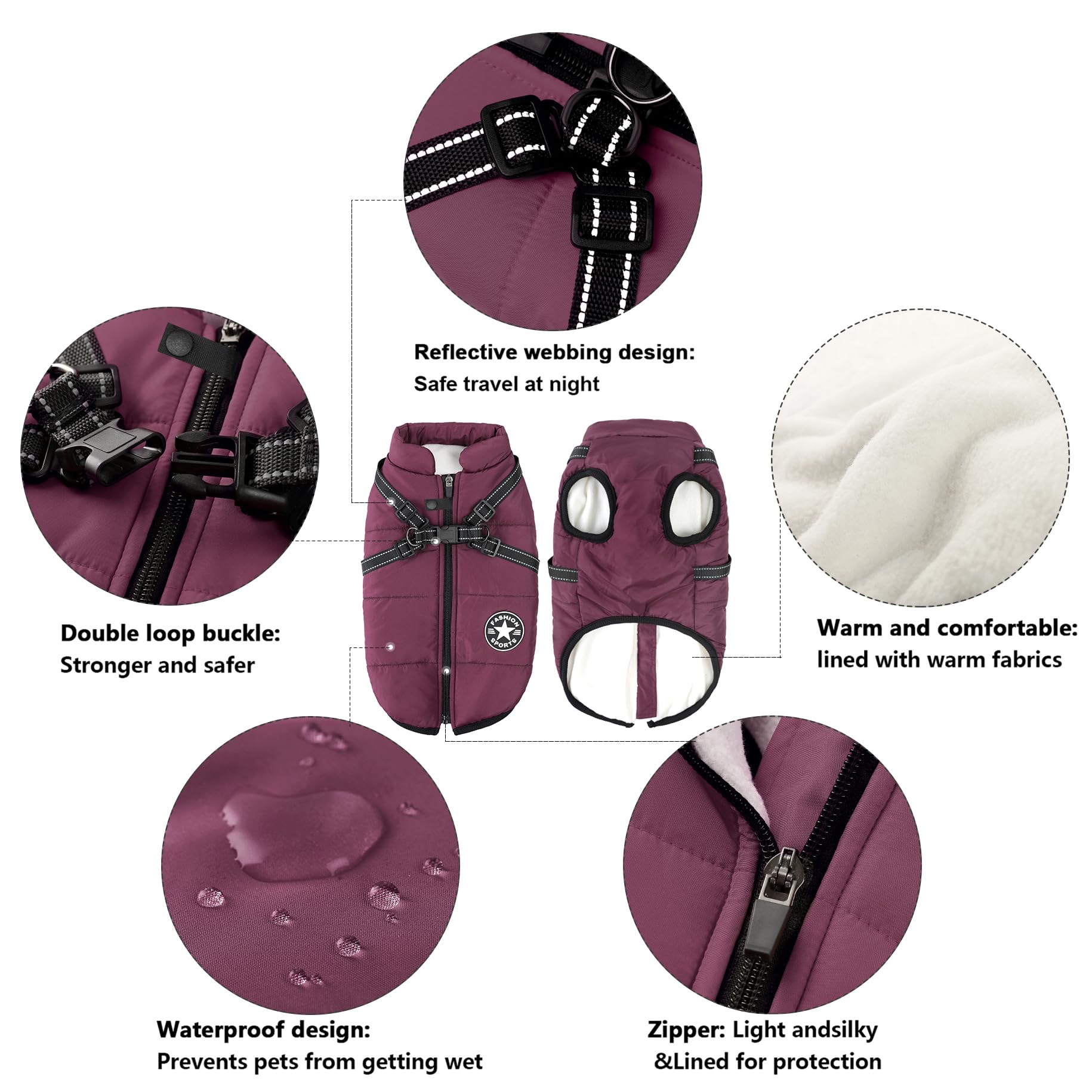 Aiboria Hundejacken für den Hundemantel Winter Winddicht Wasserdicht Skifahren Hundeweste Fleece Warme Hunde Jacke Mit Brustgurt Gurt Violett M