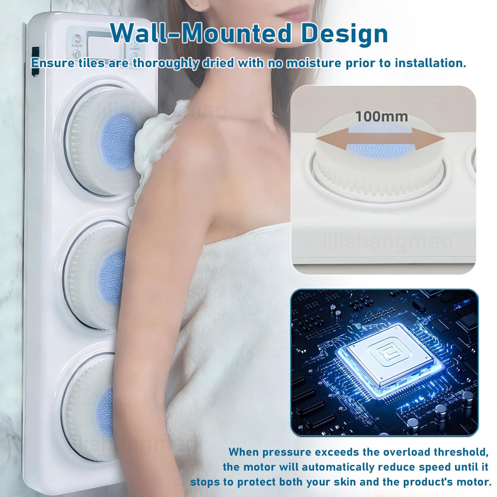 Cepillo De Espalda Recargable De Pared: Cepillo De Ducha Eléctrico con 3 Cabezales De 10 cm, 3 Velocidades Y Resistencia Al Agua IPX5 para Una Limpieza Profunda Y Un Masaje Manos Libres
