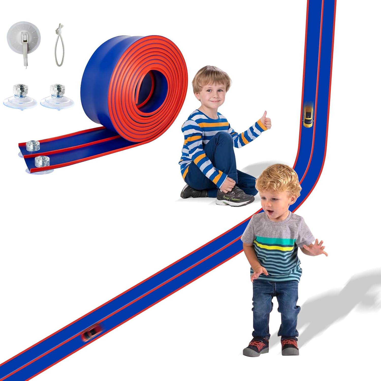 Flex Track 15 Ft Starter Set, Flexible Race Car Ramp Track for Ages 3 & Up with Suction Cups Compatible with and Diecast 1/64th Cars (Blue & Red)
