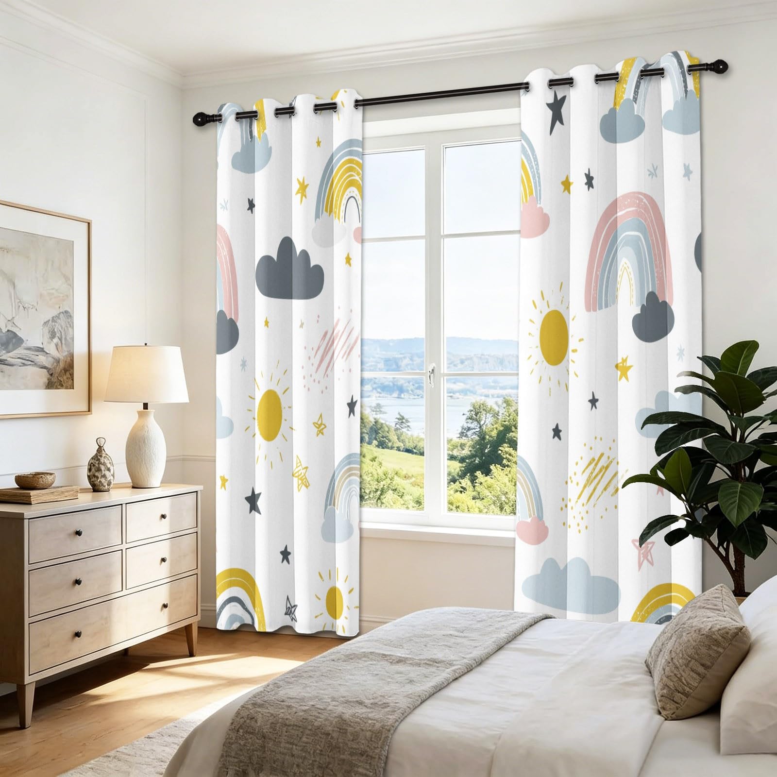 Rideaux Set de 2 70 x 240 cm, Blanc Dessin Animé Réduction du Bruit Résistant à la décoloration Rideau, Arc-en Étoile Filante Nuage Soleil Étoiles Imprimer Rideaux pour Cuisine Salle à Manger Salon