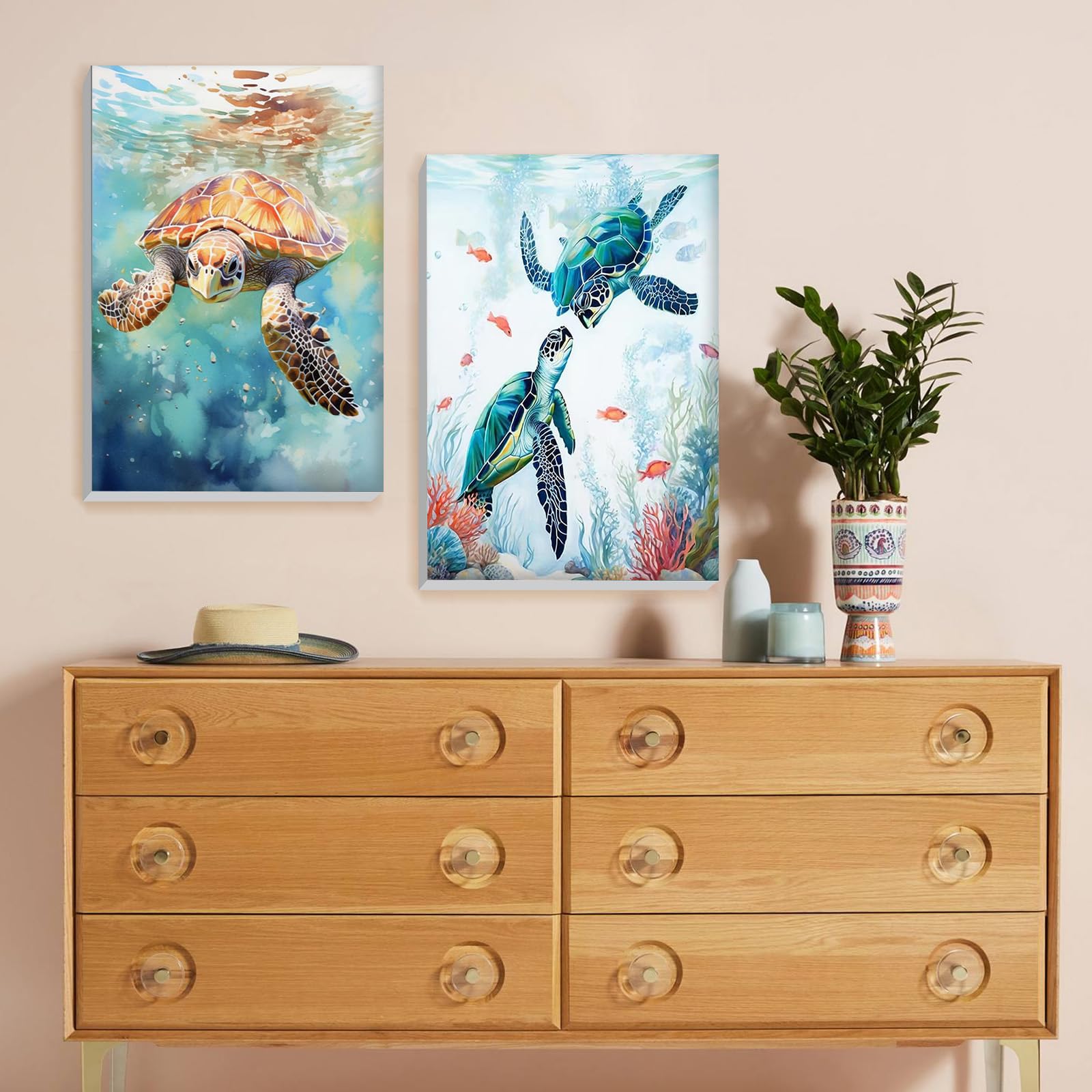 Lxmsja 2 Pezzi Dipingere con i Numeri Adulti Con Cornice, Tartaruga marina Paint by Numbers Kit Principianti Con 3 Penne, Hobby Creativi Adulti Idee Regalo Donna Decorazioni Casa - 20x30cm