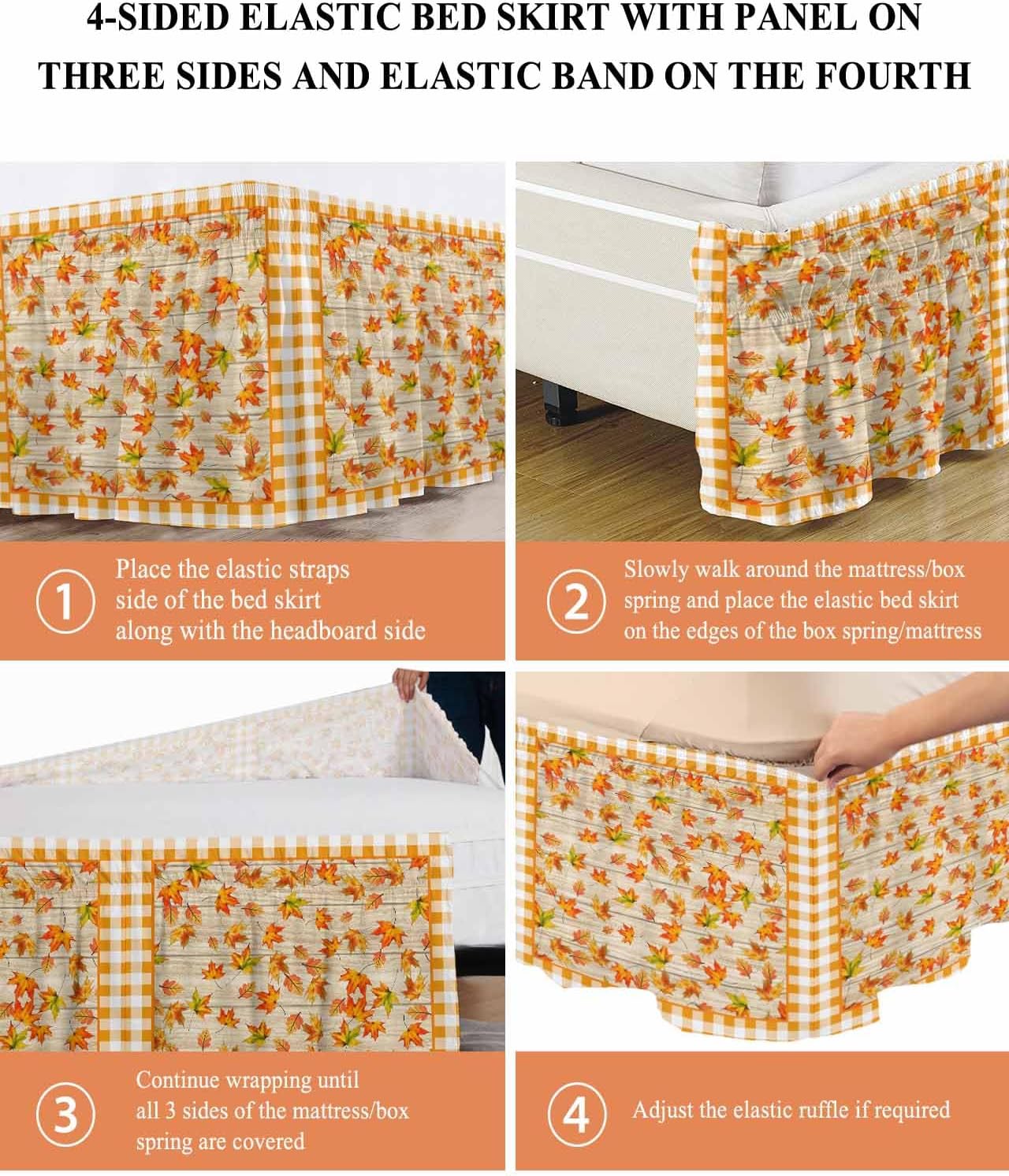 Vintage Leaves Bed Skirt Queen Size 18 Inch Drop,Adjustable & Elastic Wrap Around Bed Skirts Pleated Luxury Dust Ruffles For Twin Full Queen Cal King Base Bed,Orange Fall Autumn Maple Wood Grain Plaid