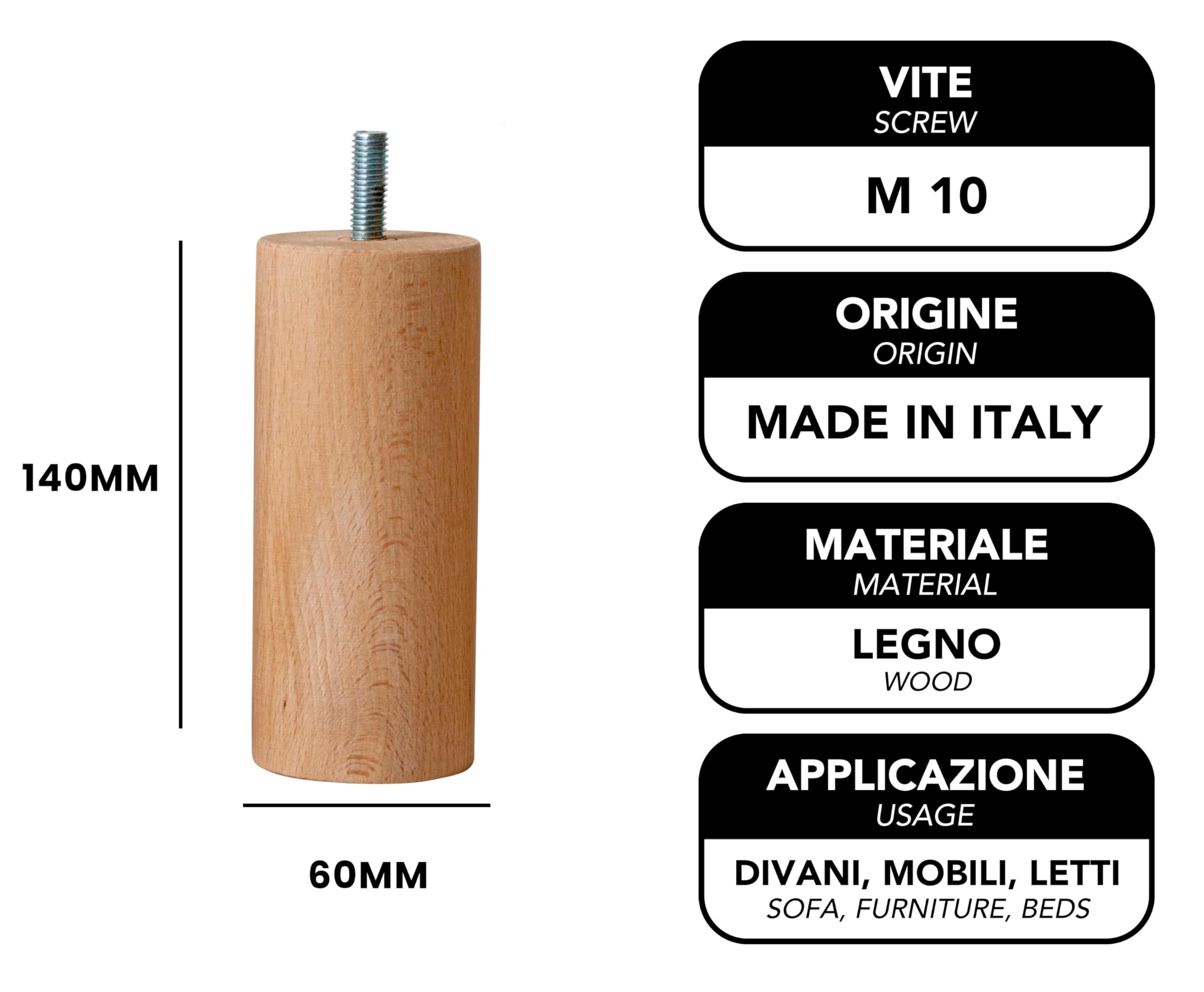 IPEA Piedini in Legno per Mobili e Divani - Altezza 140 mm – [ DESIGN MINIMAL ED ELEGANTE ] - Set di 4 Piedi in Legno Grezzo per Armadi, Poltrone, Arredamento Casa - Gambe per Letti – Vite M10