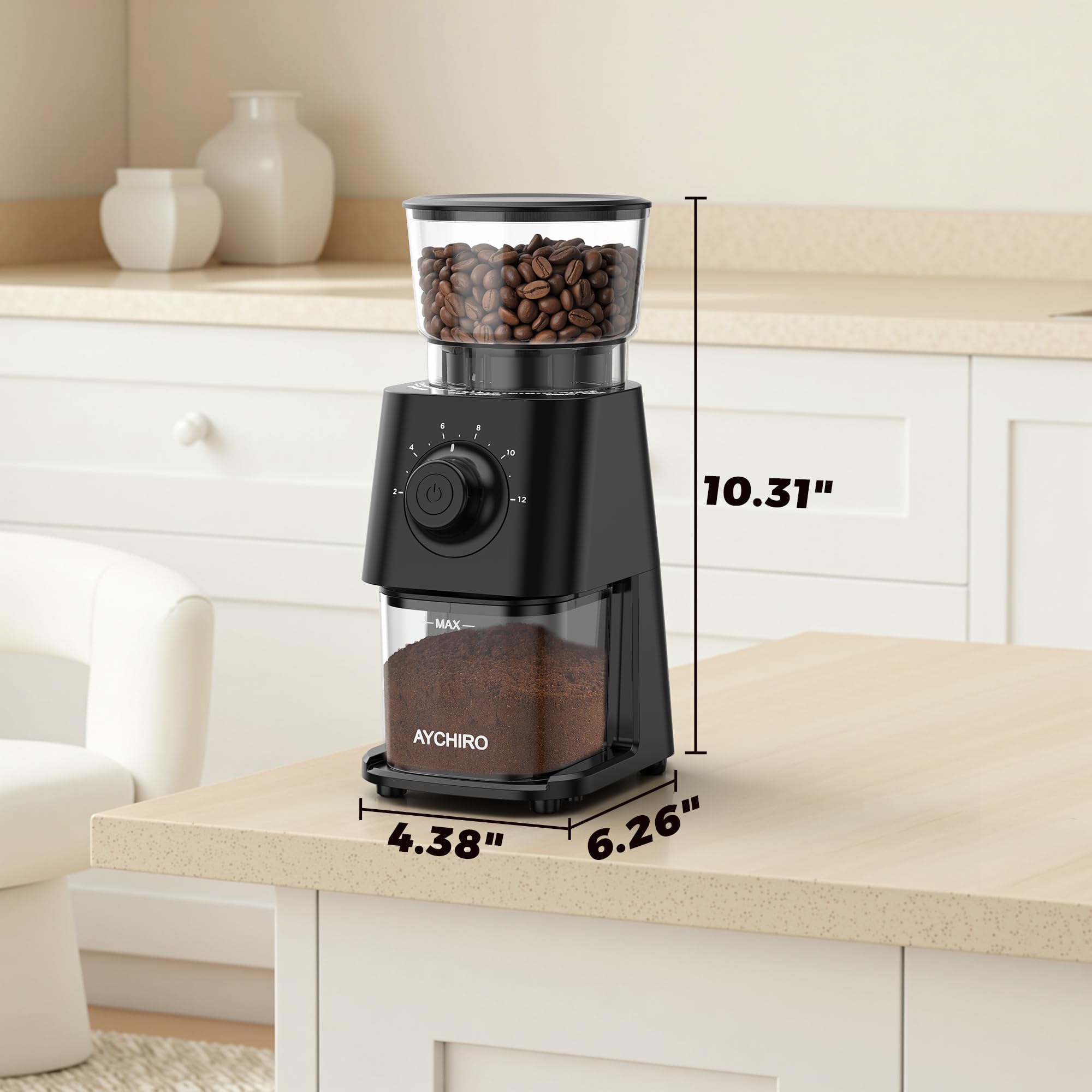 AYCHIRO Elektryczny młynek do kawy, młynek do kawy do użytku domowego z 30 ustawieniami mielenia – 12 filiżanek do espresso, kroplówki i amerykański, czarny
