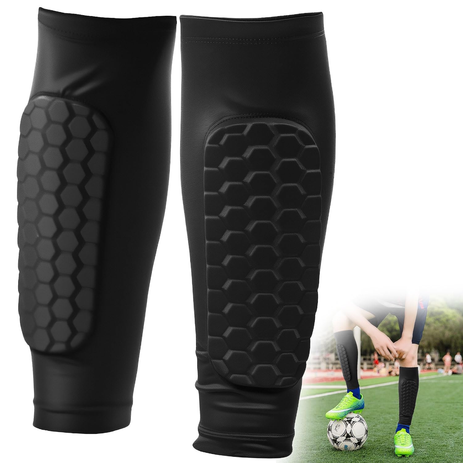 2 Paia Maniche Per Parastinchi Da Calcio – Nere, Elastiche, Traspiranti, Protezione Muscolare Per Bambini, Uomini E Donne, Taglia Unica 32x9 Cm - 2