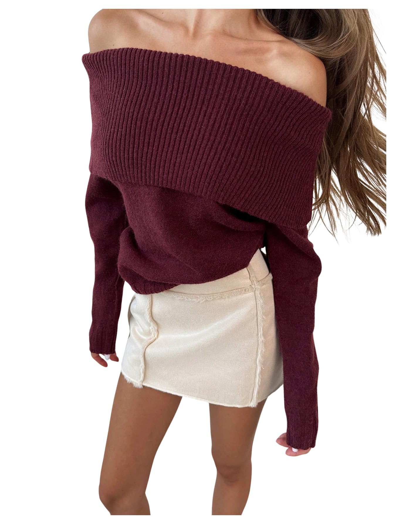 Verdusa Womens Fall Sweaters Off The Shoulder Long Sleeve Sweater Pullover Sweaters Early Fall Clothes Burgundy Large
